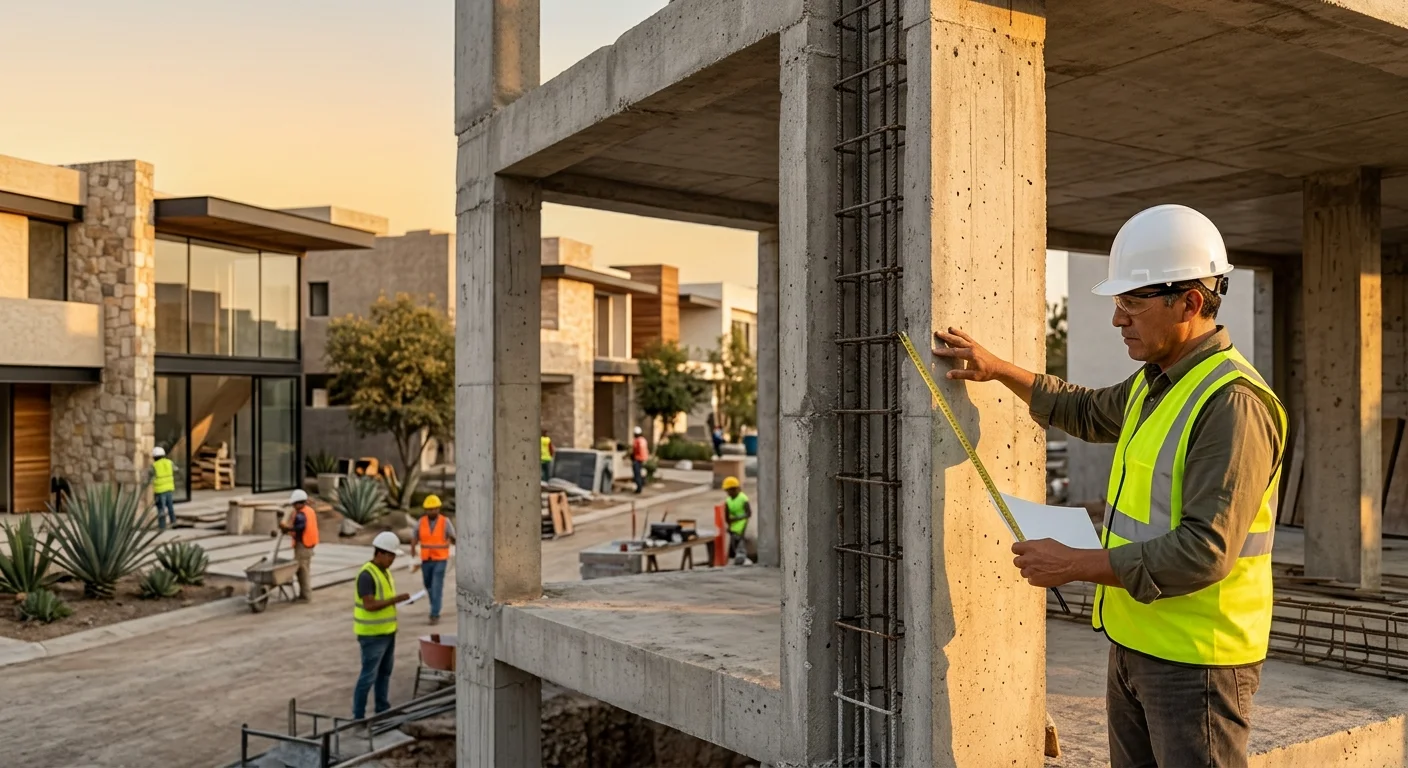 Vista de una inspección de obra al atardecer con un ingeniero jefe midiendo columnas de concreto expuesto y varillas de acero con cinta métrica amarilla y planos en mano, con equipo de construcción y villas modernas de piedra y vidrio completadas al fondo, representando la validación estructural rigurosa y la garantía de calidad de RBA Residences en Zapopan.