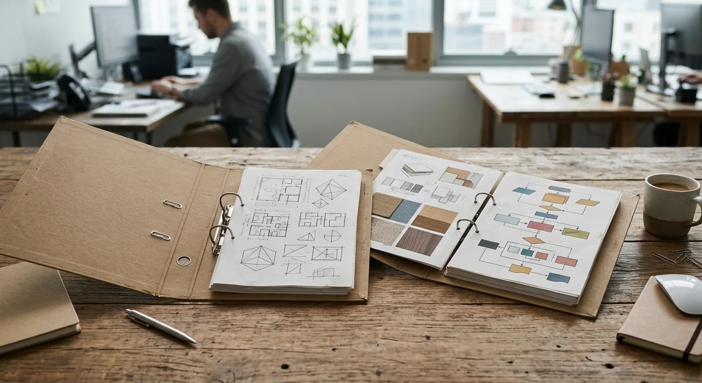 Vista a nivel de mesa de carpetas de anillas de cartón kraft abiertas sobre una mesa de trabajo rústica en una oficina de arquitectura luminosa, con la izquierda mostrando planos técnicos y la derecha muestras de materiales y un diagrama de flujo, acompañadas de taza, pluma y mouse, con un fondo desenfocado de un estudio de diseño abierto con arquitectos trabajando, representando la planificación integral de proyectos y la sinergia técnica-estética de RBA Residences en Zapopan.