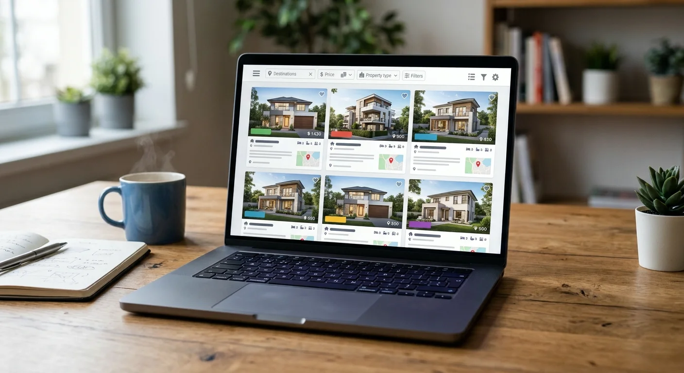 Vista en tres cuartos de primer plano de una laptop abierta sobre un escritorio de roble natural en un estudio moderno, mostrando una plataforma de búsqueda inmobiliaria con listados de casas de lujo, mapas y filtros, acompañada de una taza de café, libreta de bocetos, pluma y suculenta, con estanterías de madera y luz matutina al fondo, representando el descubrimiento digital y la experiencia fluida del cliente de RBA Residences en Zapopan.