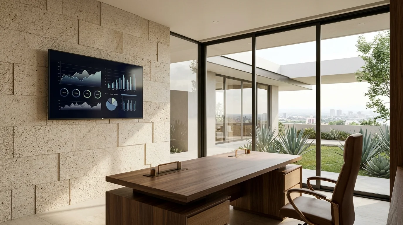 Vista interior a nivel de los ojos de una oficina ejecutiva de lujo con pantalla en muro de bloques de piedra caliza texturizada mostrando un panel de análisis financiero oscuro con gráficos, escritorio minimalista de nogal sólido con detalles de latón, silla de cuero y ventanales esquineros de piso a techo con vista a patio, agaves y horizonte urbano, representando la supervisión financiera estratégica y el diseño premium de RBA Residences en Zapopan.