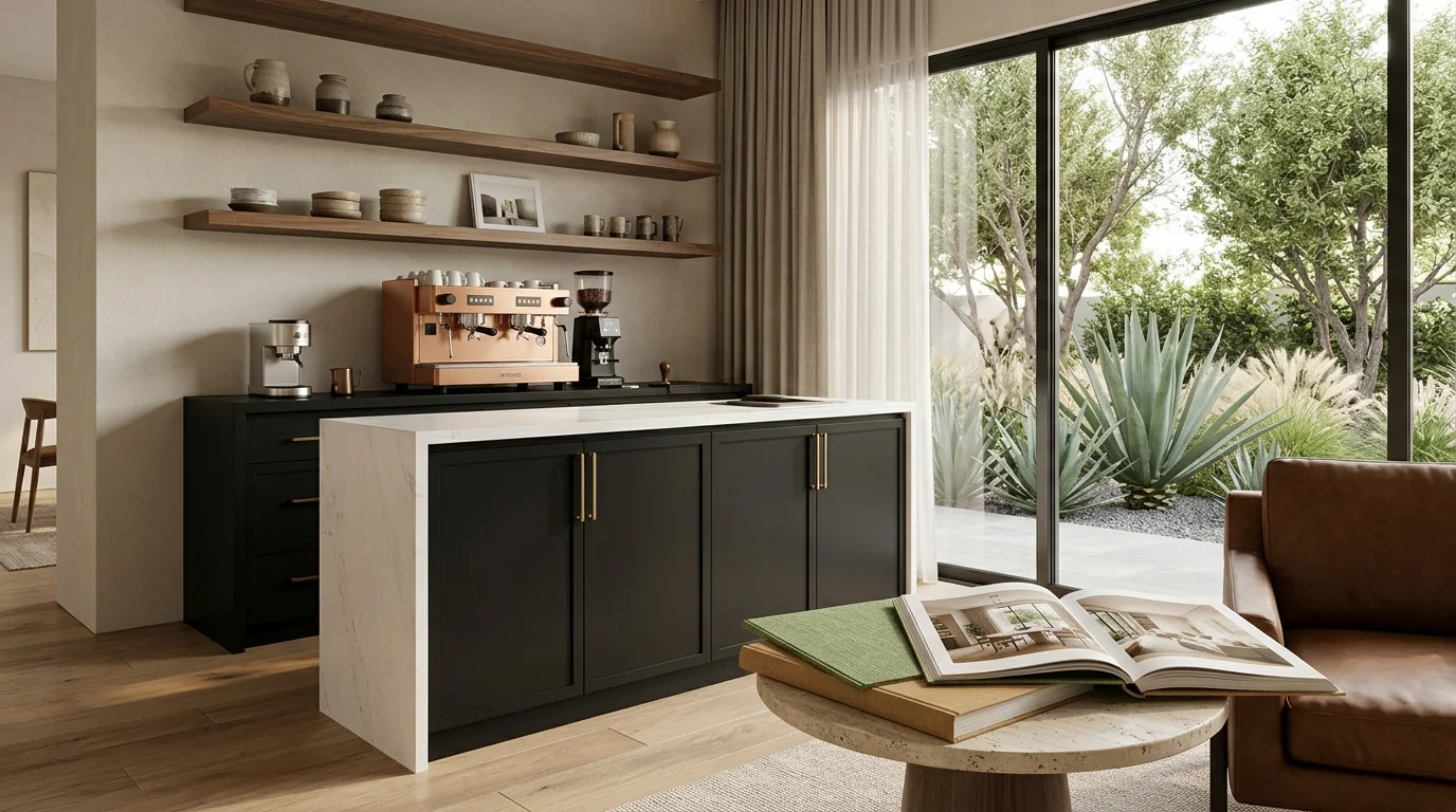 Vista interior fotorrealista de una estación de café a medida en una residencia de lujo moderna, con gabinetes negros mate, isla de mármol blanco, estanterías de madera oscura, máquina de espresso de cobre pulido, revista de arquitectura y mesa de travertino, con puertas de vidrio hacia un jardín soleado con agaves, representando las amenidades personalizadas y los rituales diarios curados de RBA Residences en Zapopan.