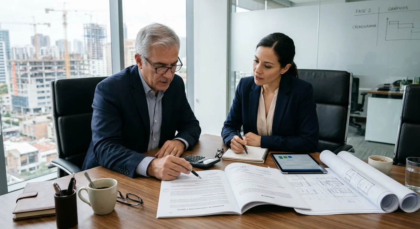 Vista a nivel de los ojos de dos ejecutivos inmobiliarios senior revisando contratos legales y planos sobre una mesa de nogal en una sala de juntas moderna, con una tableta de gráficos financieros y un fondo de ventanales panorámicos mostrando un horizonte urbano con grúas de construcción, representando el liderazgo corporativo visionario y las alianzas estratégicas de RBA Residences en Zapopan.