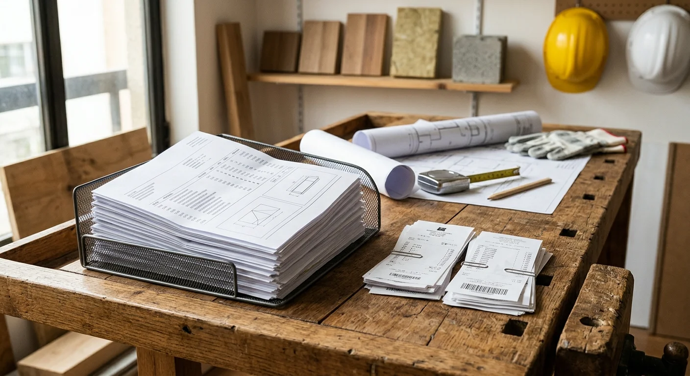 Vista a nivel de escritorio dentro de una caseta de gestión de obra activa, con un gráfico de Gantt desplegado sobre un banco de trabajo rústico, cascos de seguridad, planos enrollados y una taza, con una vista desenfocada de andamios, estructura en construcción y árboles verdes al fondo, representando el centro de comando en sitio y la gestión proactiva de cronogramas de RBA Residences en Zapopan.