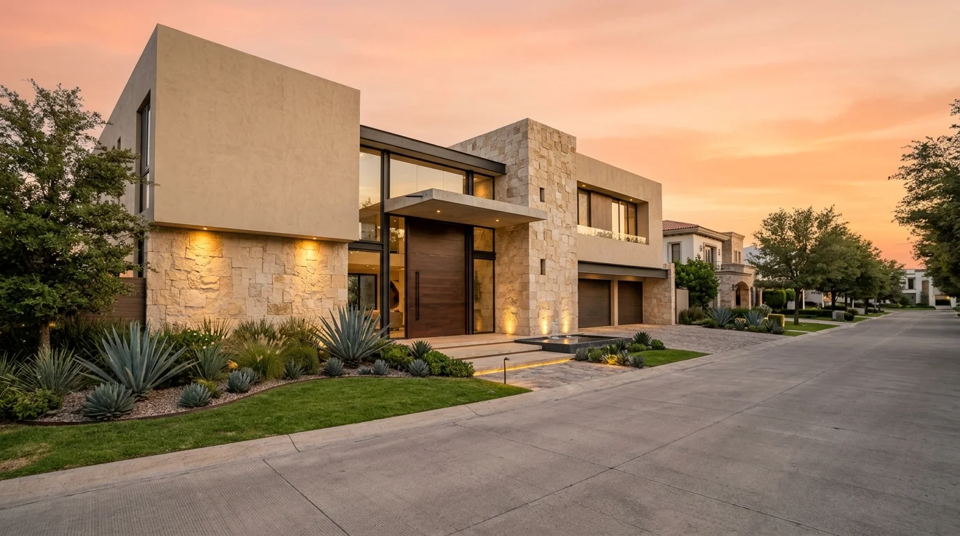 Vista aérea gran angular al atardecer de un desarrollo inmobiliario de lujo exclusivo en una ladera con vista a un lago, con residencias modernas de estuco color arena, muros de piedra apilada, terrazas con muebles de teca y ventanales iluminados, rodeadas de jardines terrazados con agaves, cactus y bugambilias, con un muelle privado y un cielo crepuscular dramático al fondo, representando el prestigio panorámico y la integración natural de RBA Residences en Zapopan.