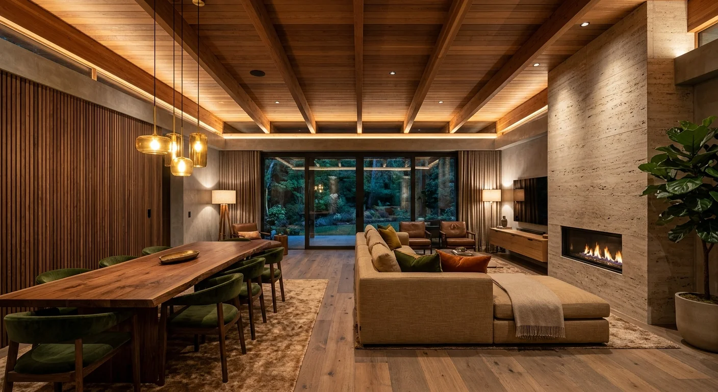 Vista en tres cuartos de primer plano de una laptop abierta sobre un escritorio de roble natural en un estudio moderno, mostrando una plataforma de búsqueda inmobiliaria con listados de casas de lujo, mapas y filtros, acompañada de una taza de café, libreta de bocetos, pluma y suculenta, con estanterías de madera y luz matutina al fondo, representando el descubrimiento digital y la experiencia fluida del cliente de RBA Residences en Zapopan.