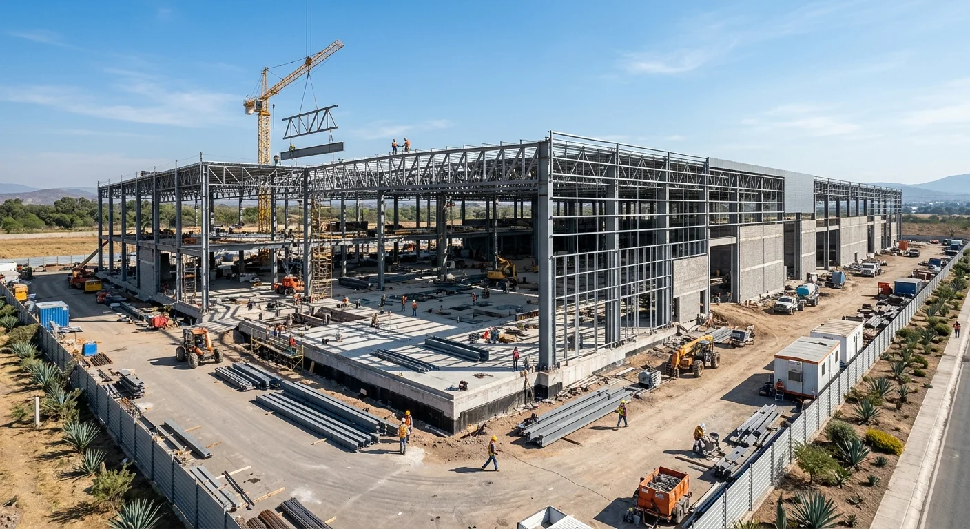 Vista de un sitio de construcción activo de una residencia o desarrollo de lujo a gran escala con estructura de acero expuesta, grúa torre amarilla izando una viga, cimientos de concreto, maquinaria pesada y trabajadores con equipo de seguridad bajo un cielo despejado, representando la precisión a escala industrial y la logística de obra de RBA Residences en Zapopan.