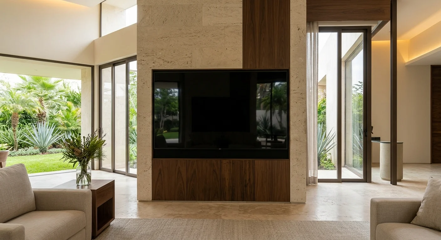Vista de una sala de estar de lujo con una partición central de muro de travertino con gabinetes integrados de nogal oscuro y una pantalla digital empotrada, pisos de loseta de travertino pulido, sillones tapizados en tonos neutros, iluminación ambiental empotrada y puertas corredizas de vidrio de piso a techo con vistas a un jardín tropical con palmeras y agaves, representando la división espacial sofisticada y la integración tecnológica de RBA Residences en Zapopan.