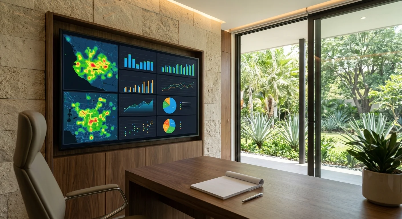 Vista de un gran panel digital de datos montado en la pared con mapas de calor urbanos, gráficos de líneas, barras y pastel enmarcados en madera de nogal oscuro, dentro de una oficina ejecutiva con muros de travertino, escritorio de madera oscura, silla ejecutiva de cuero, planta de escritorio y puertas corredizas de vidrio a un jardín exterior, representando la inteligencia ambiental hiperlocal y la optimización de microclimas de RBA Residences en Zapopan.