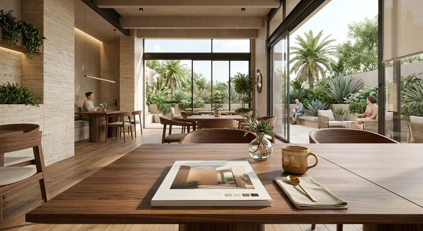 Vista de un libro de diseño arquitectónico, taza de cerámica, cuchara dorada y servilleta de lino sobre una mesa de comedor de nogal sólido en un salón exclusivo con columnas de travertino con jardineras integradas, asientos de madera cálida, techos de yeso acústico y puertas corredizas de vidrio de piso a techo que dan a un patio exterior con flora tropical, representando el arte del descanso y la sofisticación cotidiana de RBA Residences en Zapopan.