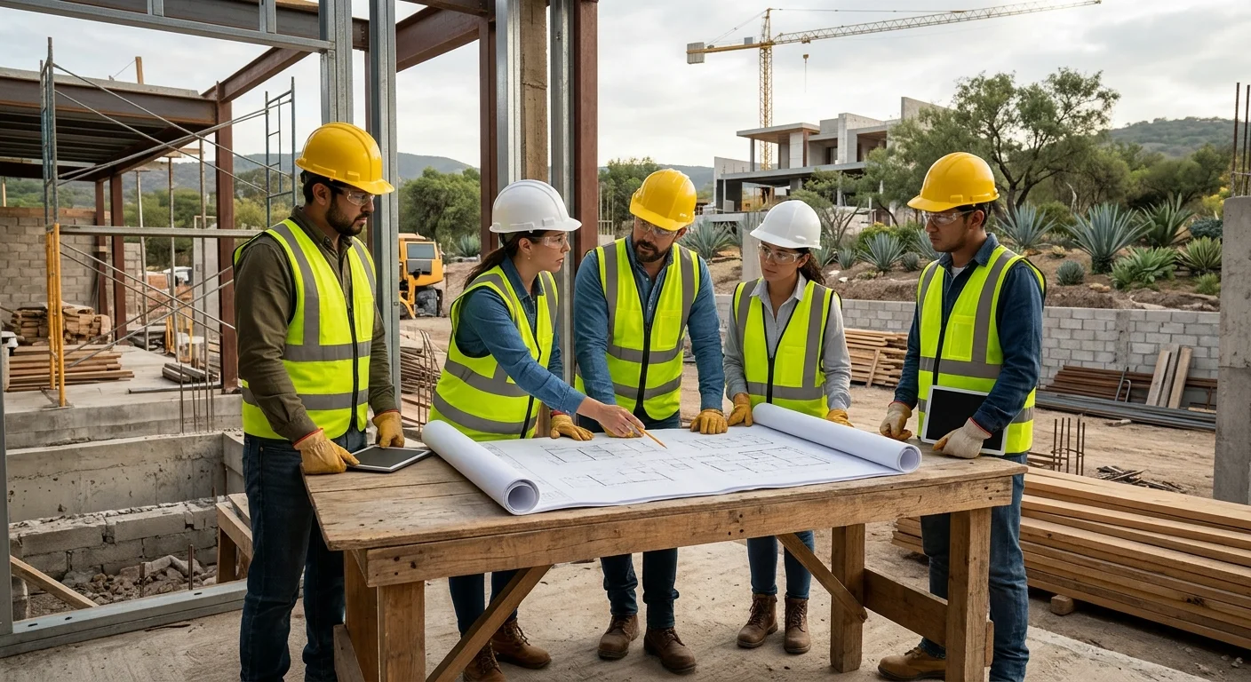 Vista de un equipo de gestión de obra reunido alrededor de una gran mesa de trabajo de madera en un sitio activo, revisando planos arquitectónicos desplegados, con cascos de seguridad, chalecos reflectantes, gafas protectoras, guantes y tabletas digitales, dentro de una estructura de acero con piso de concreto, madera apilada, muros de mampostería y una grúa contra un fondo de colinas bajo un cielo nublado, representando el liderazgo en obra y el control de calidad riguroso de RBA Residences en Zapopan.