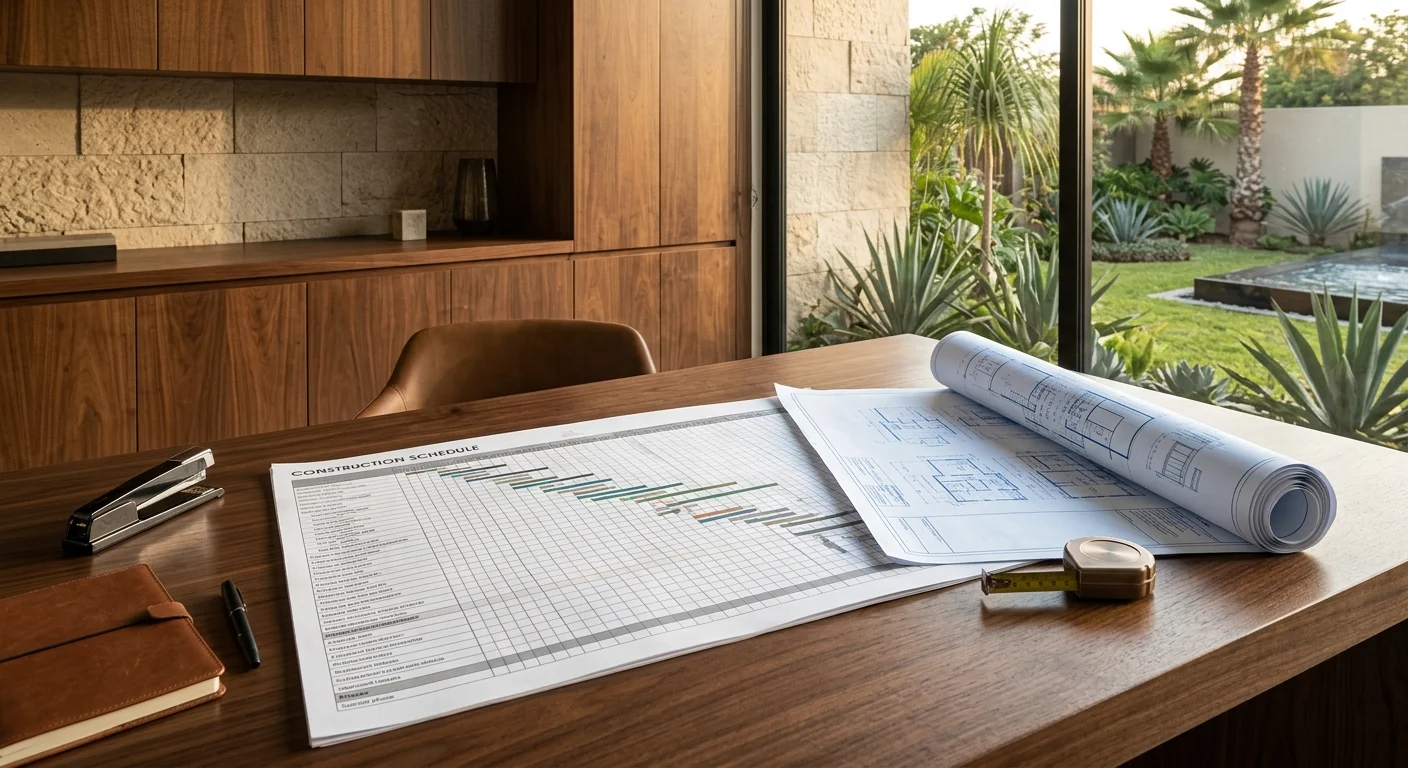 Vista de un escritorio de planificación arquitectónica con un cronograma de construcción impreso, planos enrollados y desplegados, cinta métrica, grapadora, diario de cuero y pluma sobre una mesa de madera oscura, frente a gabinetes de nogal, muros de piedra texturizada y ventanales de piso a techo con vista a un jardín tropical con alberca, representando la orquestación meticulosa del proyecto y la alineación visionaria de RBA Residences en Zapopan.
