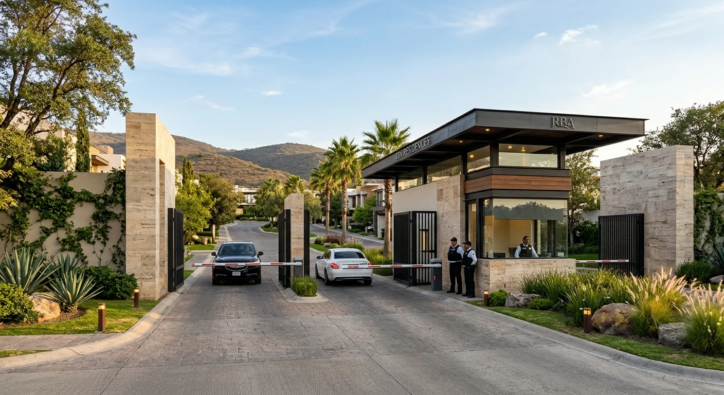 Vista de la entrada con acceso controlado a una comunidad residencial de lujo con pilares de piedra travertino, caseta de seguridad moderna con acentos de metal oscuro y vidrio, barreras automatizadas, personal de seguridad, carriles pavimentados con vehículos de lujo, exuberante paisajismo tropical con palmeras y colinas montañosas al fondo bajo un cielo despejado, representando la integración comunitaria prestigiosa y el acceso fluido de RBA Residences en Zapopan.