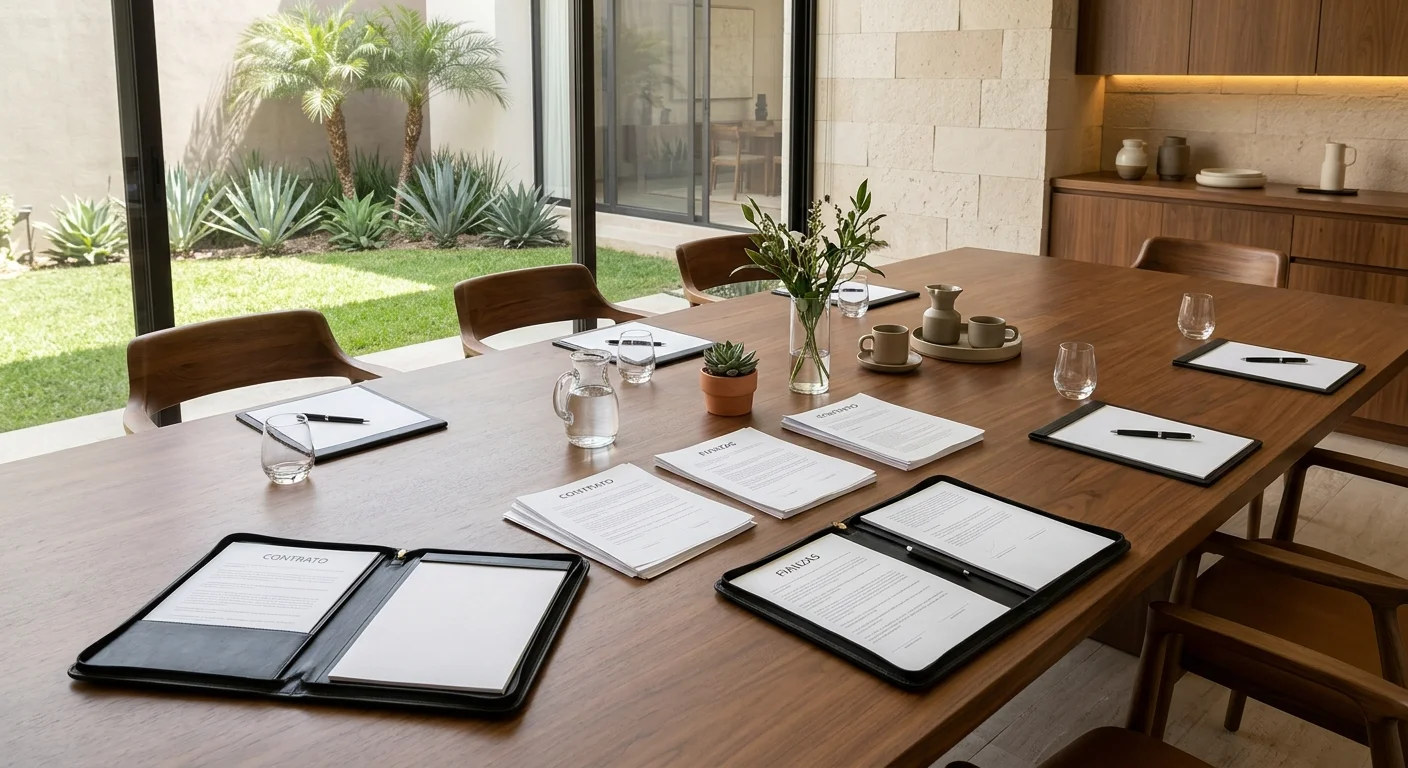 Vista de una mesa de conferencias ejecutiva de madera natural con portafolios de cuero mostrando acuerdos contractuales, pilas de documentos, blocs de notas con plumas, vasos, jarra de agua, juego de té de cerámica, un jarrón con vegetación y una suculenta en maceta, dentro de una oficina exclusiva con gabinetes de nogal, muros de travertino y puertas de vidrio de piso a techo que dan a un patio interior con palmeras, representando la experiencia de asesoría premium y la formalización de confianza de RBA Residences en Zapopan.