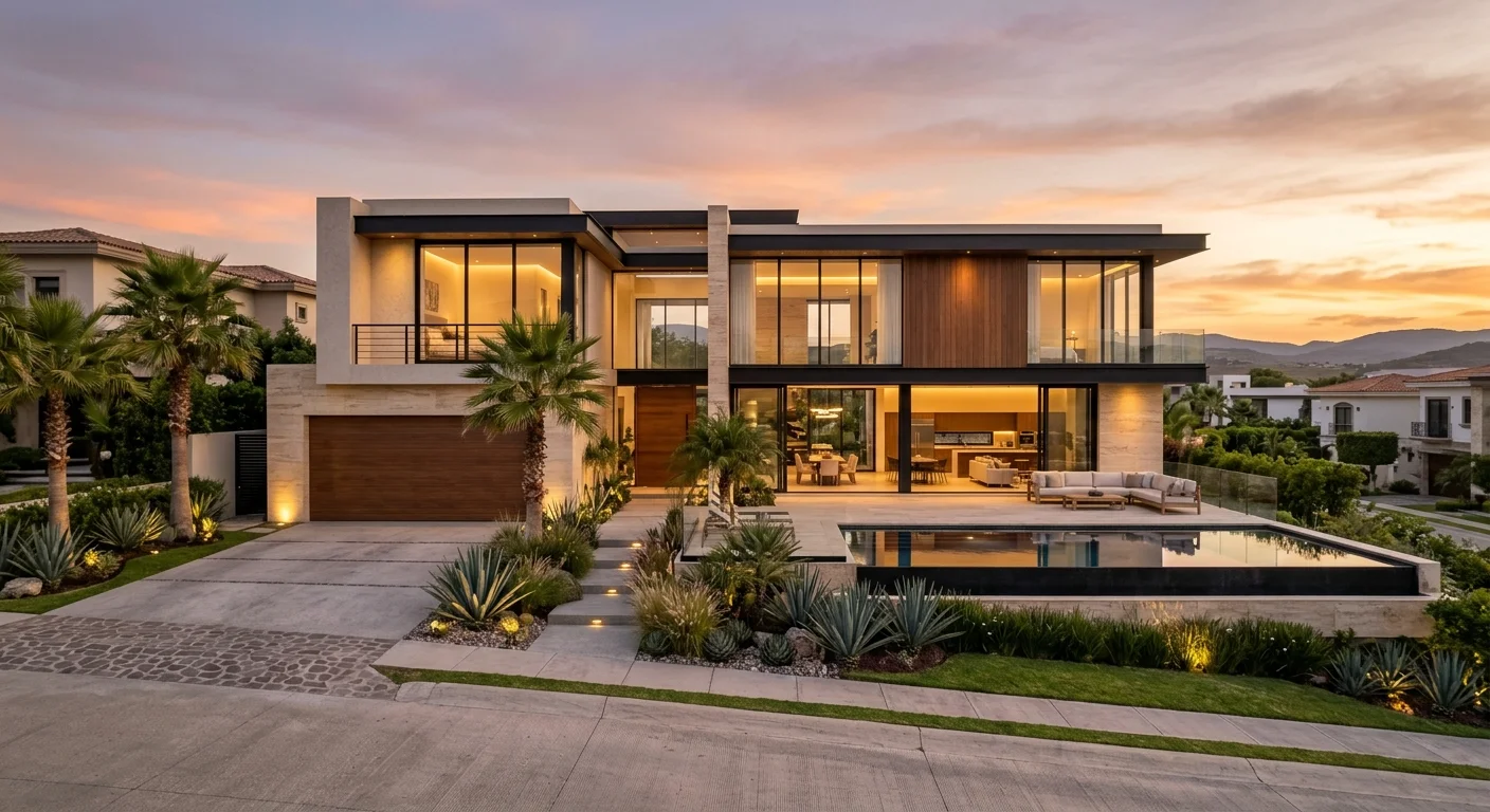 Vista de una residencia moderna de lujo de dos niveles con revestimiento de piedra travertino, acentos de madera vertical, ventanales de piso a techo con interiores iluminados, cochera de madera oscura, alberca de borde infinito con terraza lounge, iluminación integrada y paisajismo tropical con palmeras y agaves al atardecer, representando el santuario resort privado y la fluidez interior-exterior de RBA Residences en Zapopan.