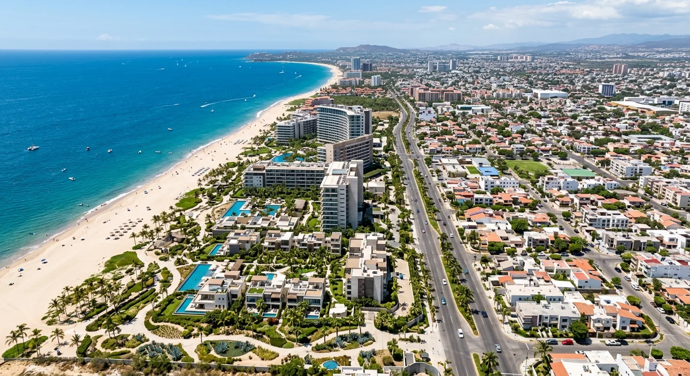 Vista de un plan maestro de desarrollo de estilo resort con villas de lujo, complejos de varios niveles con albercas privadas, senderos ajardinados, una línea costera con aguas azules, un bulevar principal y un distrito residencial extenso bajo un cielo despejado, representando la visión de desarrollo maestro y la planificación de comunidades exclusivas de RBA Residences en Zapopan.