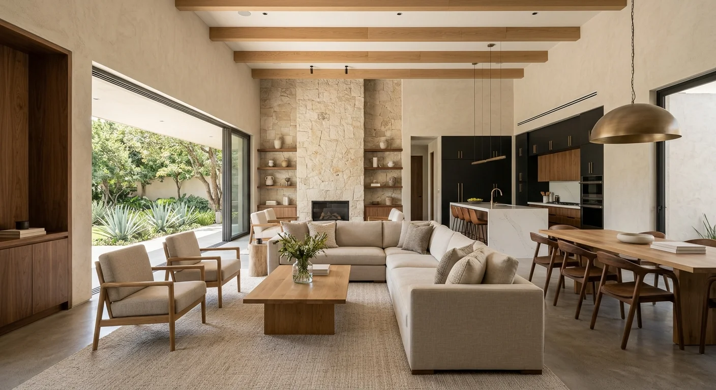 Vista de un interior moderno de concepto abierto con vigas de madera expuestas, muro de chimenea de piedra texturizada con estantería integrada, sofá seccional neutro amplio, sillones a juego, mesa de centro de madera, isla de cocina de mármol con gabinetes oscuros, mesa de comedor de madera con sillas y puertas corredizas de vidrio de piso a techo que dan a una terraza ajardinada con paisajismo desértico, representando el flujo espacial integral y los contrastes cálidos de RBA Residences en Zapopan.