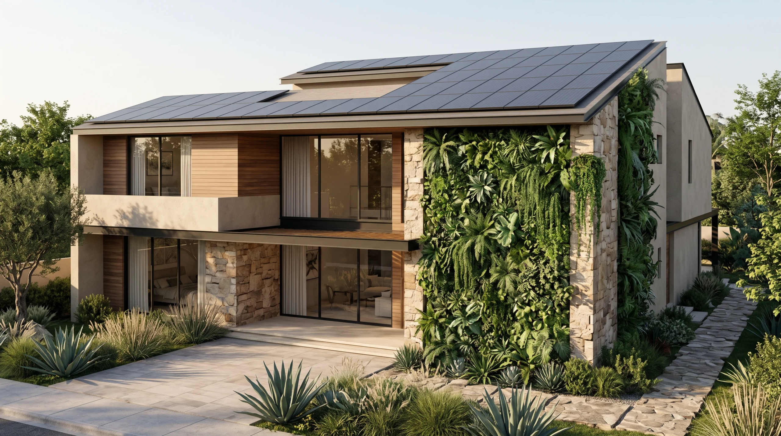 Vista exterior de una residencia moderna de lujo con paneles solares integrados en el techo, un impresionante muro verde vertical multinivel combinado con revestimiento de piedra apilada, paneles de listones de madera cálida, puertas corredizas de vidrio de piso a techo y xerojardinería resistente a la sequía en la entrada pavimentada, representando el lujo sostenible y la innovación ecológica de RBA Residences en Zapopan.