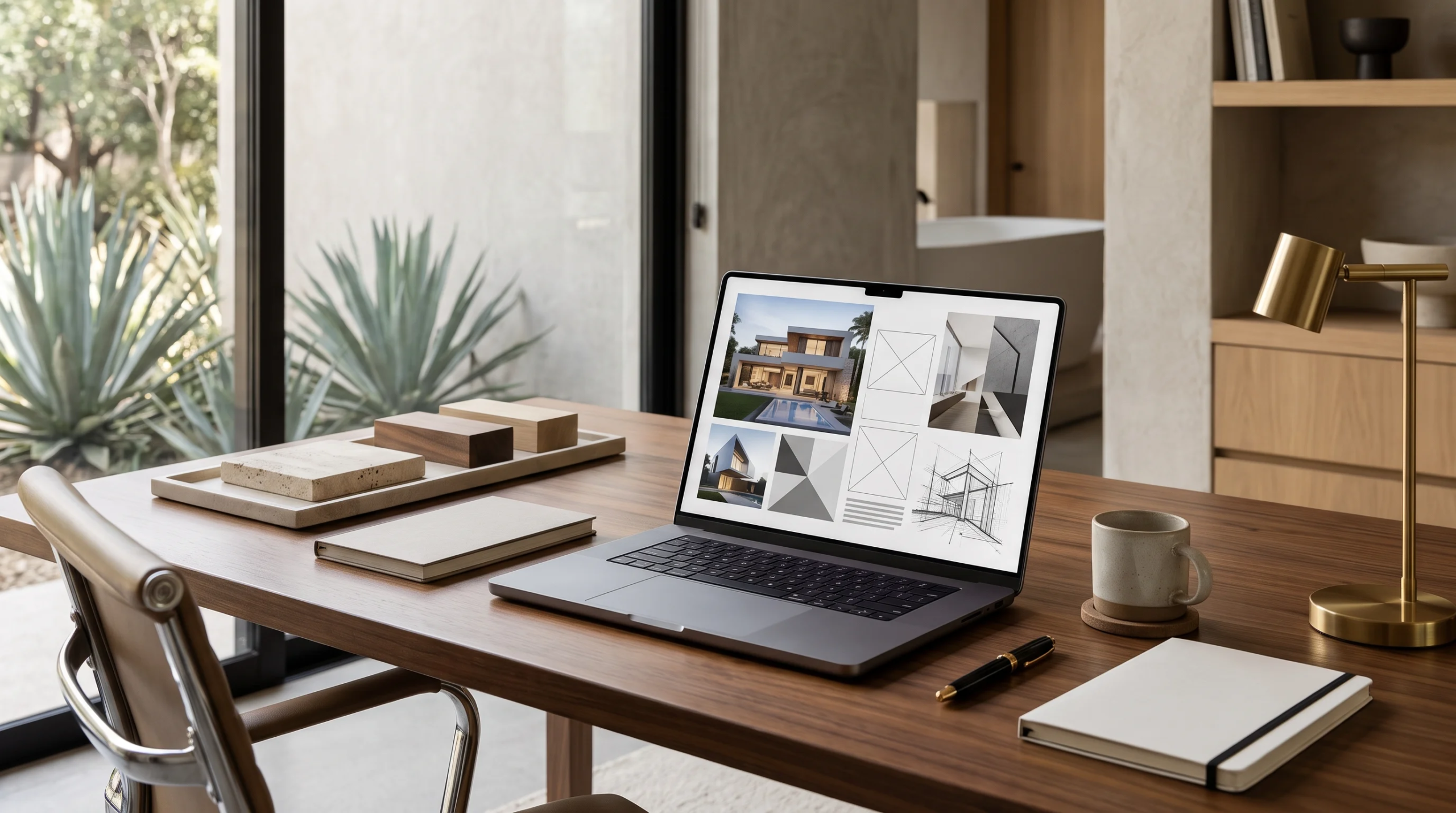 Vista de un escritorio de estudio arquitectónico con una laptop mostrando un tablero de inspiración digital con renderizados exteriores, esquemas y bocetos interiores, junto a muestras de materiales, cuadernos, una lámpara de latón y ventanales de piso a techo con vista a un jardín, representando la síntesis digital-física y el flujo de trabajo híbrido de RBA Residences en Zapopan.