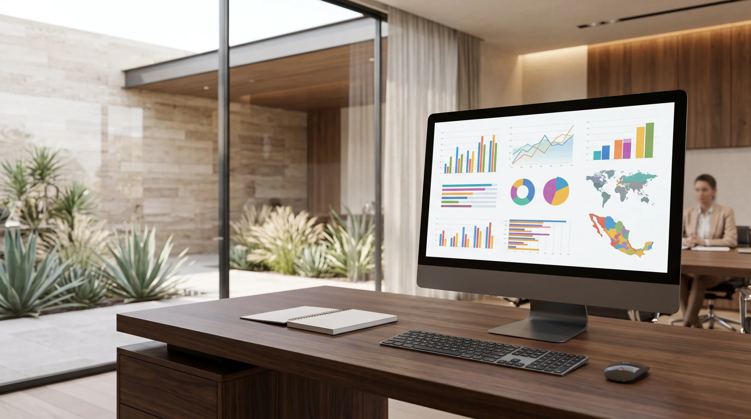 Vista de un escritorio de oficina ejecutiva moderna con una computadora mostrando tableros de análisis de datos, gráficos financieros y mapas demográficos, en un espacio corporativo de lujo con ventanales de piso a techo frente a un jardín interior, representando la planificación basada en datos y la inteligencia de mercado de RBA Residences en Zapopan.