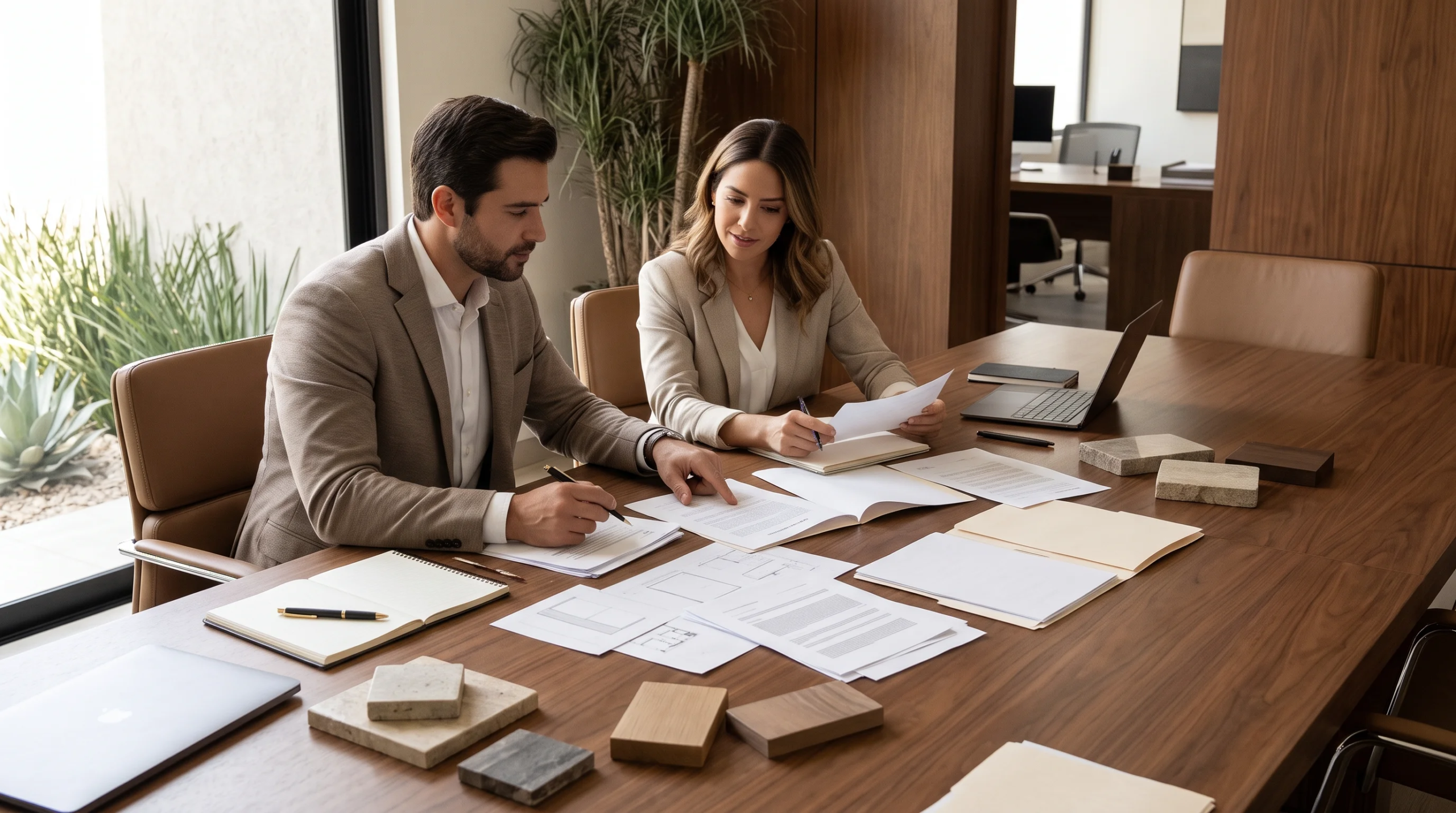 Vista de dos ejecutivos corporativos revisando documentos de diseño arquitectónico, acuerdos contractuales y muestras de acabados sobre una mesa de conferencias de nogal en una oficina moderna, representando la alianza estratégica y la formalización contractual de RBA Residences en Zapopan.
