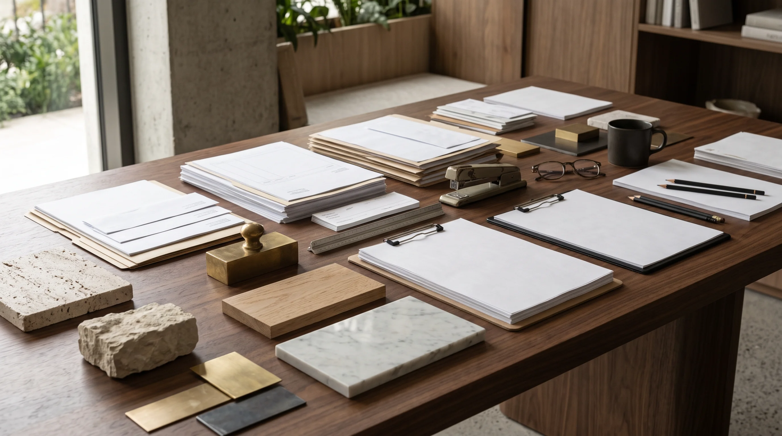 Vista de un espacio de trabajo administrativo ejecutivo con pilas de documentos organizados, portapapeles, accesorios de escritorio de latón, juegos de papelería y muestras de acabados sobre una mesa de conferencias de nogal, representando la excelencia administrativa y la gestión premium del proyecto de RBA Residences en Zapopan.