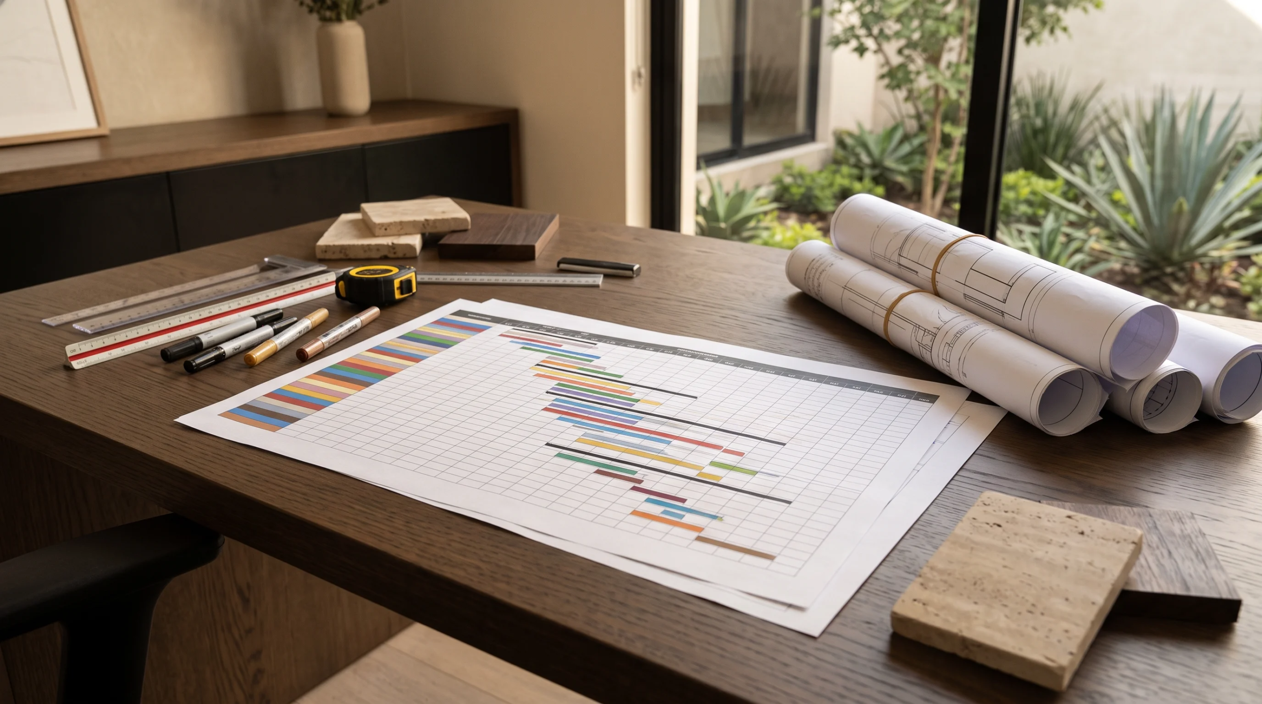 Vista de un espacio de trabajo de gestión de proyectos con un cronograma detallado de diagrama de Gantt de construcción, planos arquitectónicos enrollados, herramientas de dibujo, marcadores y muestras de acabados de piedra sobre una mesa de conferencias de madera, representando el dominio estratégico del cronograma y la alineación de materiales de RBA Residences en Zapopan.