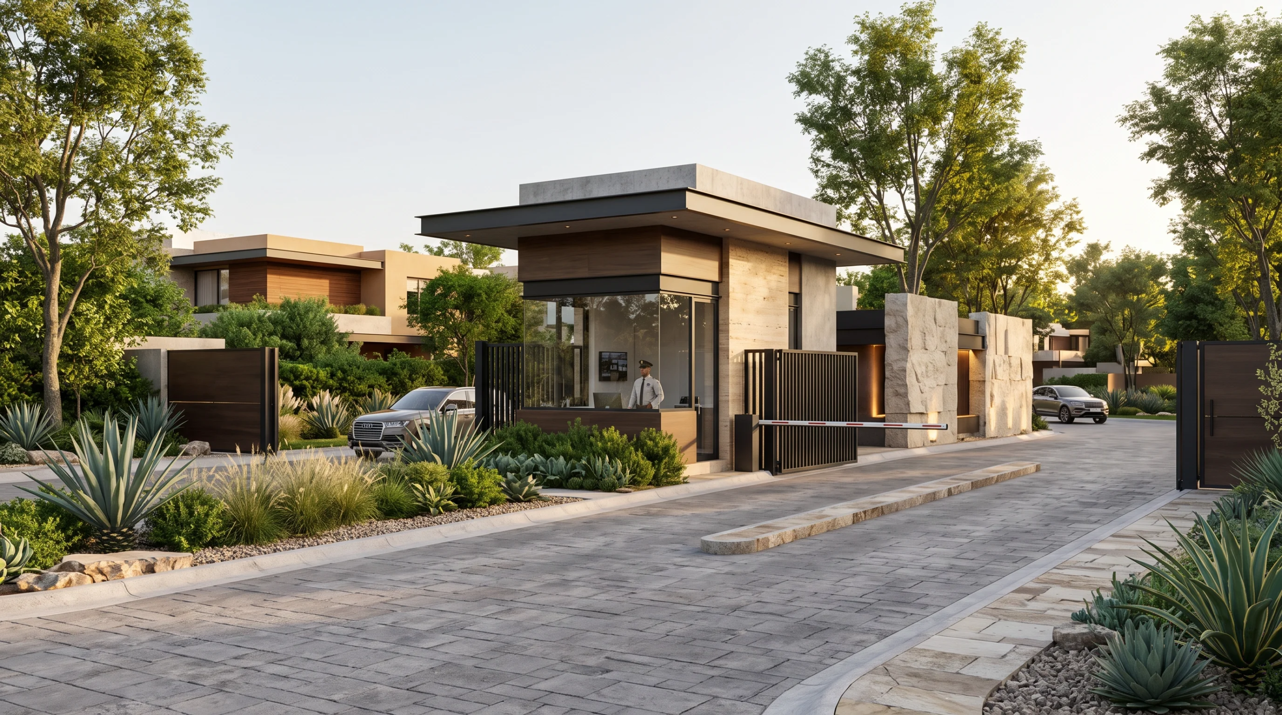 Vista de una entrada con portón de seguridad y caseta de vigilancia para una comunidad residencial de lujo, con volumetría arquitectónica moderna, voladizos de concreto, pilares de piedra, portones automatizados con barrera y accesos con xerojardinería, representando la exclusividad y seguridad perimetral de RBA Residences en Zapopan.
