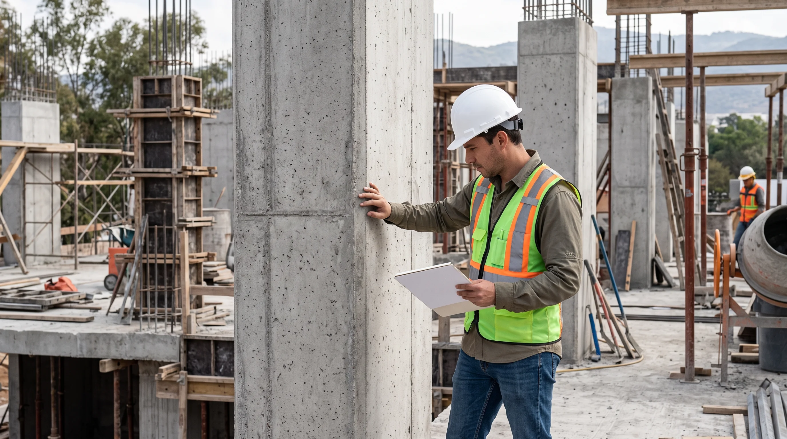 Vista de un ingeniero de sitio con casco de seguridad y chaleco de alta visibilidad inspeccionando una columna de concreto reforzado en un sitio de construcción activo de varios niveles, revisando documentación en un portapapeles entre encofrados y materiales, representando el rigor en el control de calidad y los estándares de cero defectos de RBA Residences en Zapopan.