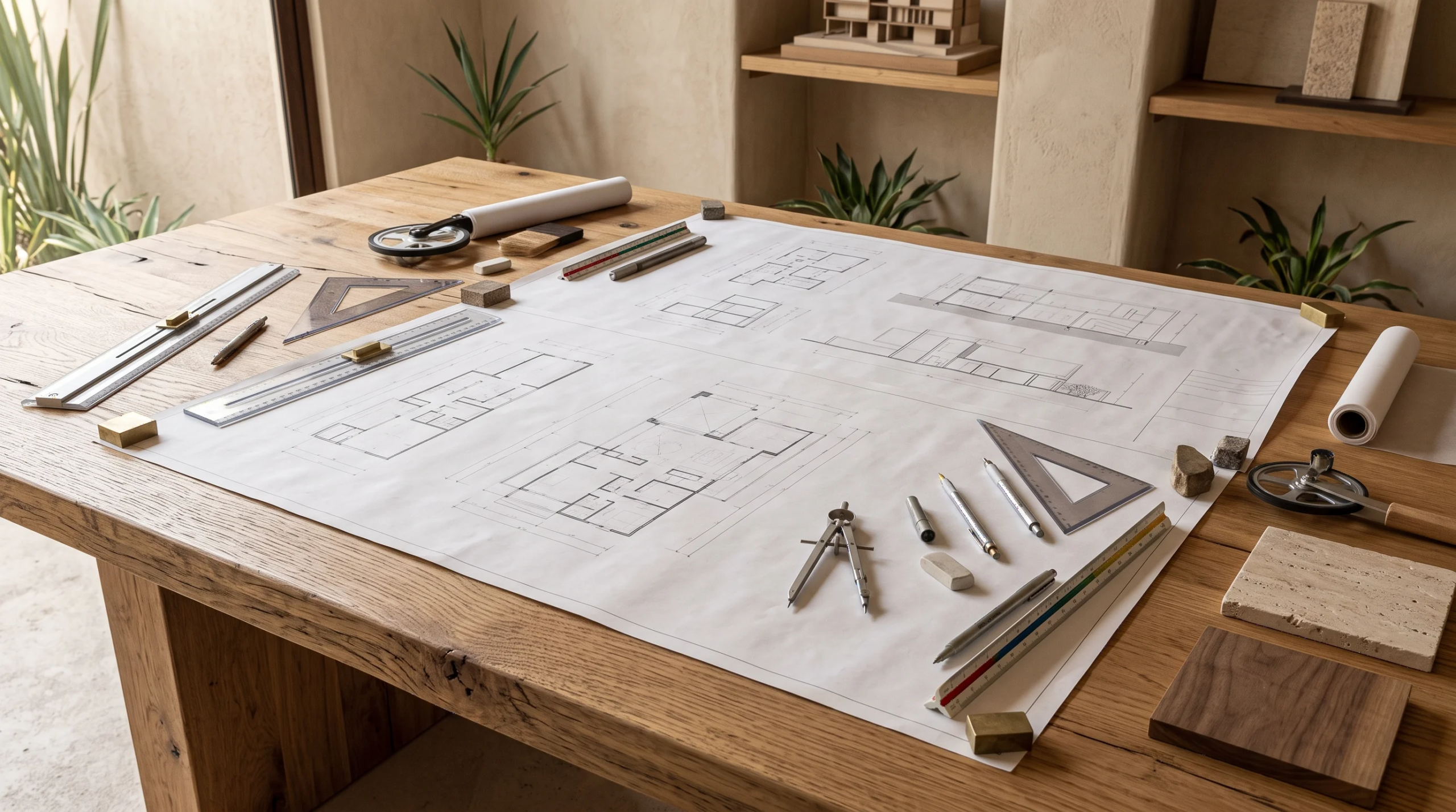 Vista de un espacio de trabajo de diseño arquitectónico sobre una mesa de roble macizo con planos de planta y alzados, instrumentos de dibujo (compás, escalímetro, escuadras) y muestras de acabados, con puertas de vidrio de piso a techo que se abren a un jardín paisajístico, representando la fase de diseño esquemático y la armonía espacial temprana de RBA Residences en Zapopan.