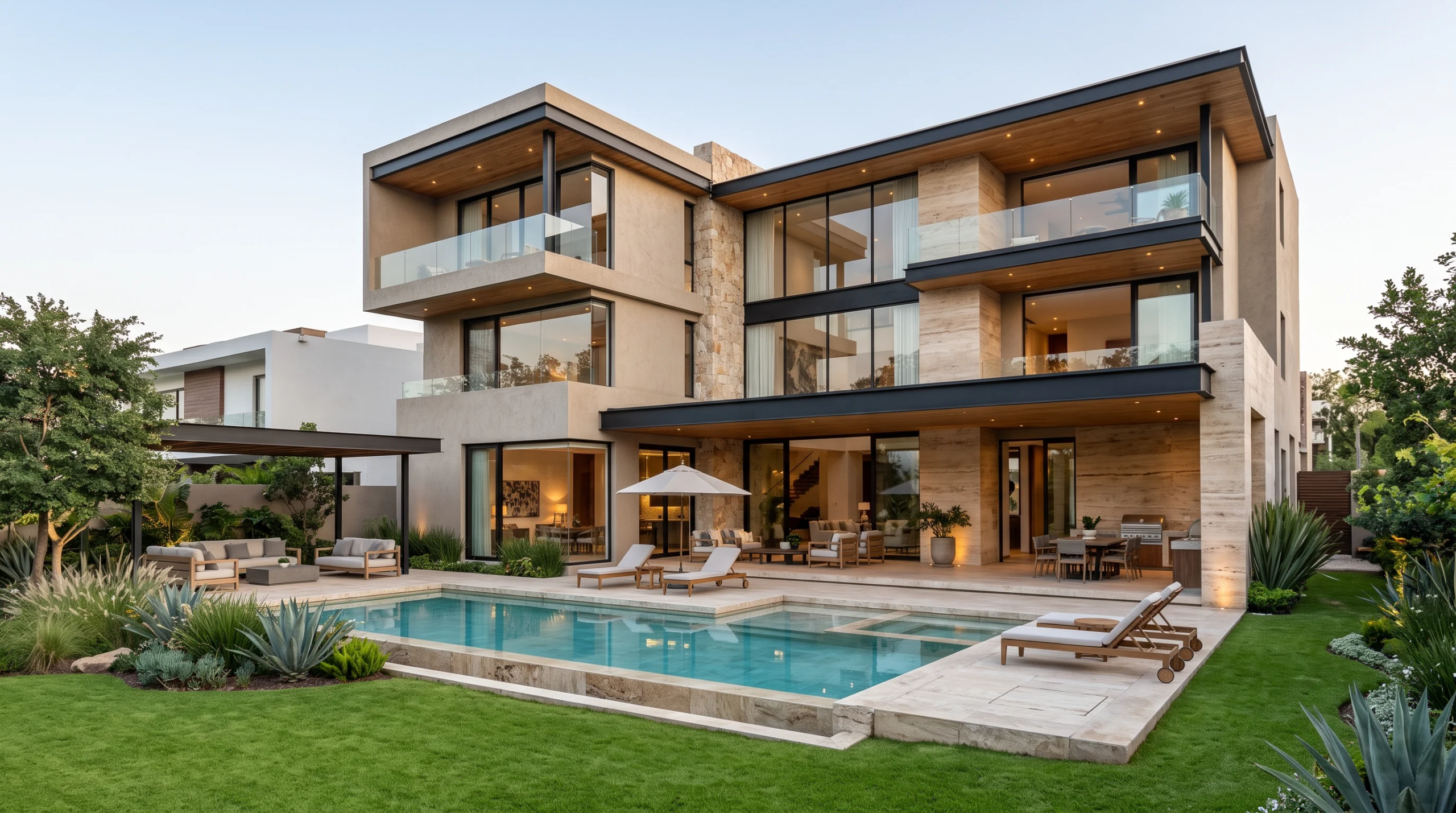 Vista trasera exterior de una residencia de lujo de varios niveles con voladizos de concreto apilados, ventanales de piso a techo, cielos rasos de madera cálida y revestimiento de piedra integrada. El espacio exterior privado incluye una alberca con azulejos, deck para tomar el sol, patio con cocina exterior, área de estar cubierta y césped impecable, representando el dominio volumétrico y el estilo de vida tipo resort de RBA Residences en Zapopan.