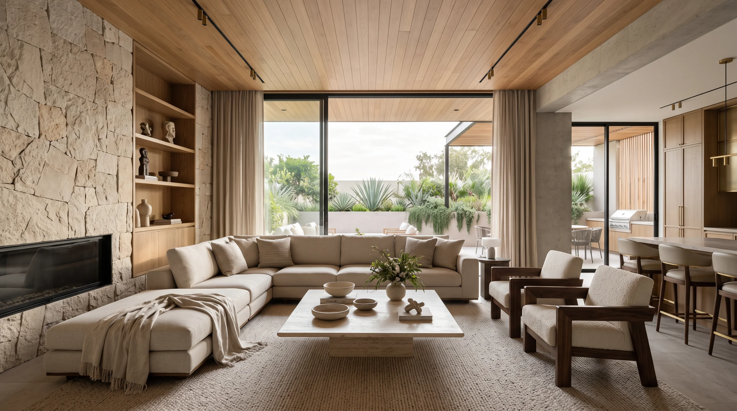 Vista interior de una sala de estar de lujo de concepto abierto con techo de madera cálida, muro de chimenea de piedra apilada, carpintería de roble a medida y puertas corredizas de vidrio que integran el espacio con una terraza y cocina exterior, representando la continuidad espacial y el detalle artesanal de RBA Residences en Zapopan.