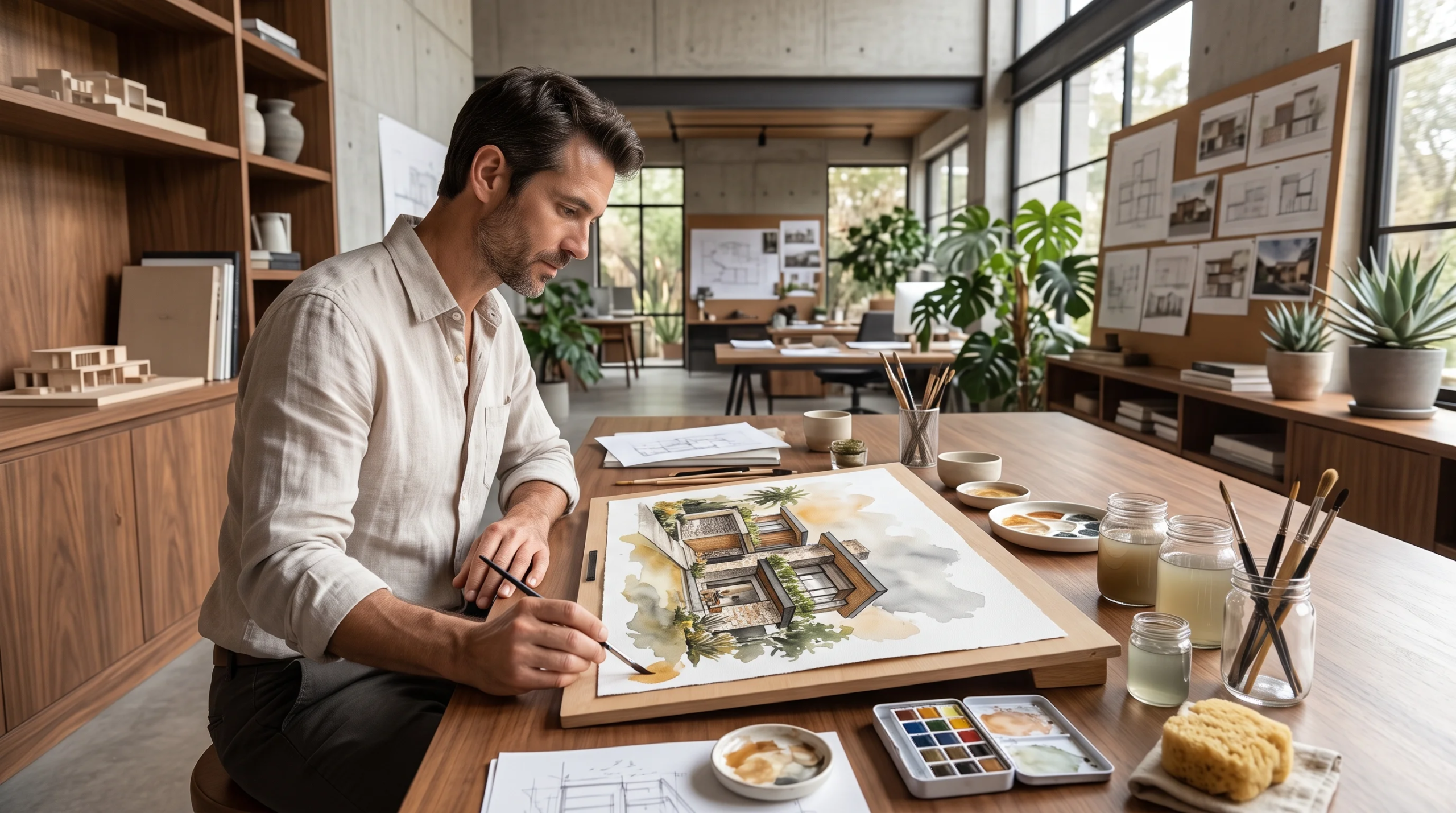 Architect working at a wooden drafting table in a modern studio, applying watercolor washes to an architectural rendering of a luxury residence surrounded by paint jars, palettes, and design references.