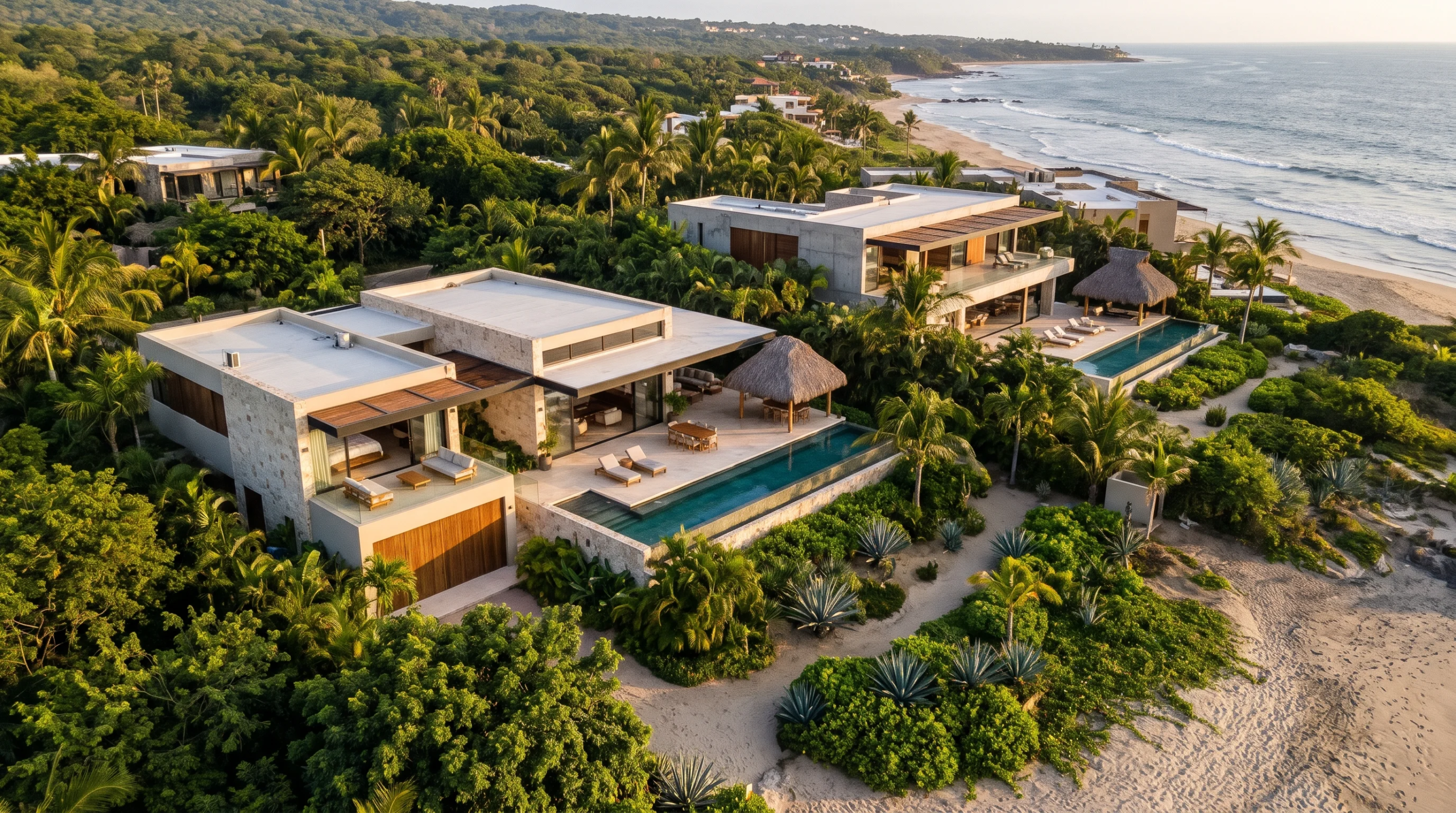 Vista aérea elevada de villas de lujo frente al mar, integradas en una densa vegetación costera a lo largo de una extensa línea de costa oceánica, representando la maestría en retiros exclusivos y la armonía con la naturaleza de RBA Residences en Zapopan.