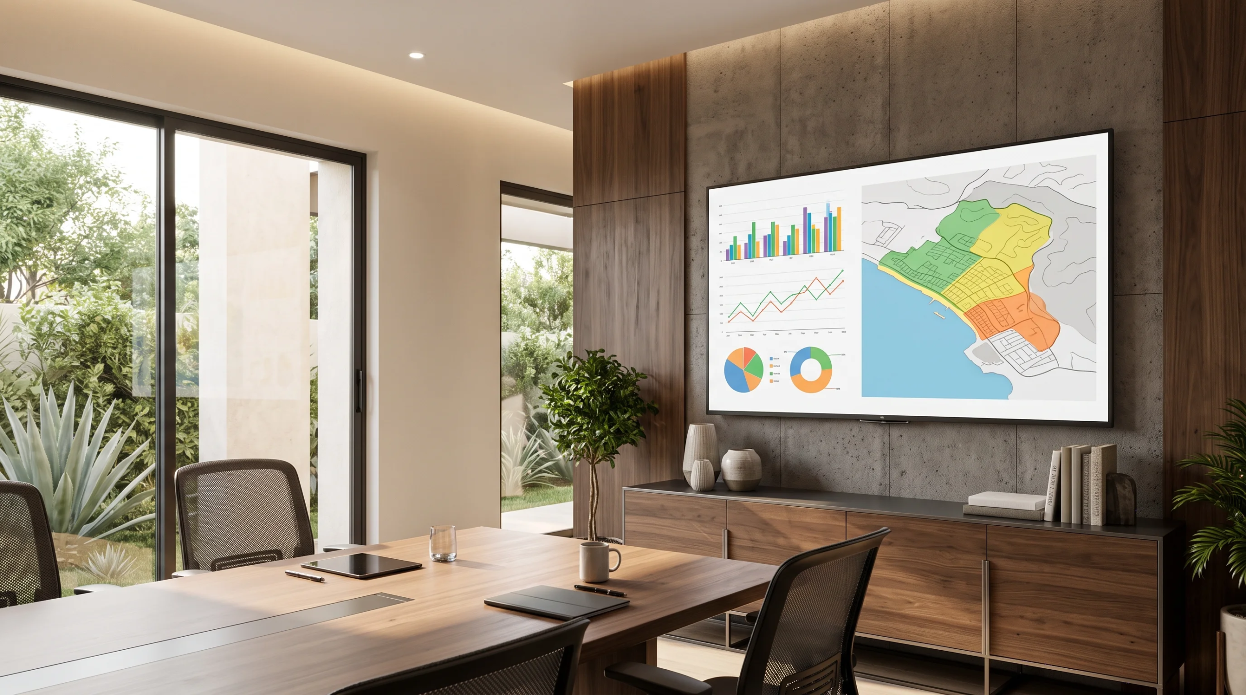 Vista de una sala de presentación arquitectónica moderna con una pantalla digital mural que muestra gráficos analíticos, gráficas de datos y un mapa de desarrollo de sitio codificado por colores, representando la optimización basada en datos y la planificación estratégica predictiva de RBA Residences en Zapopan.