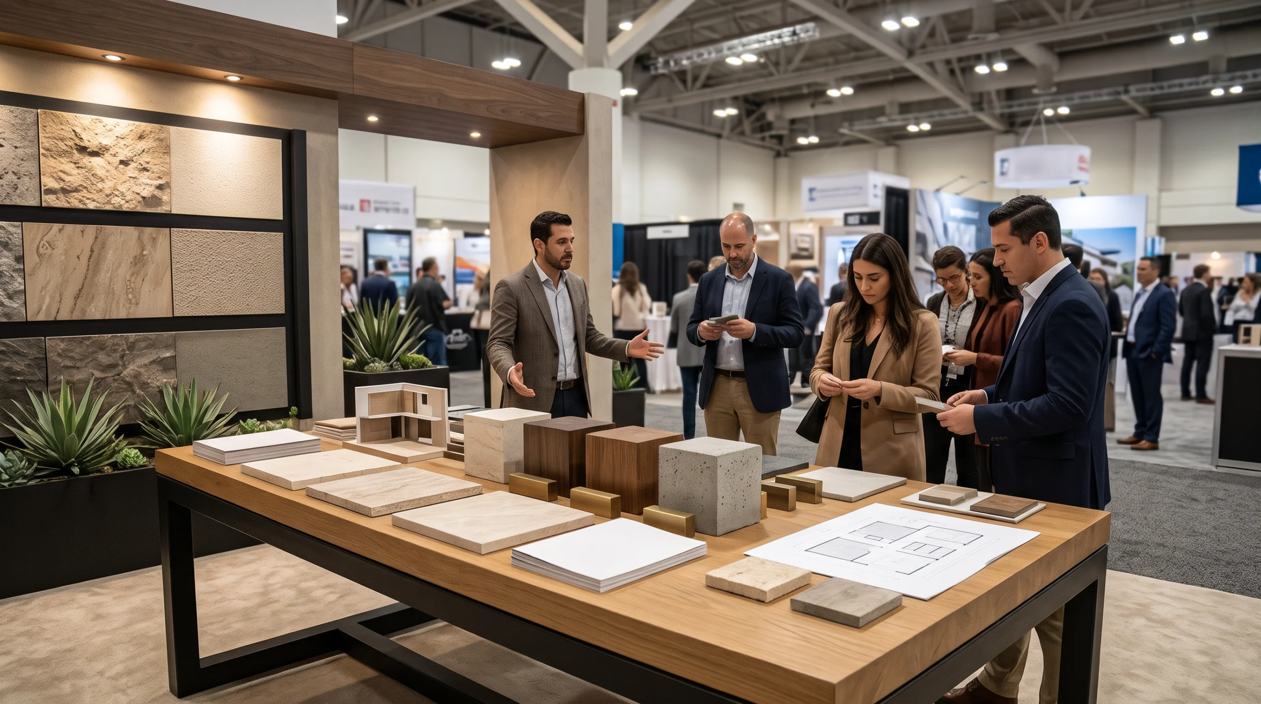 Vista de un stand de exhibición en una feria de arquitectura con profesionales discutiendo muestras de materiales, planos y maquetas arquitectónicas físicas sobre una gran mesa de madera, representando el liderazgo de la industria y la demostración tangible de la experiencia de RBA Residences en Zapopan.