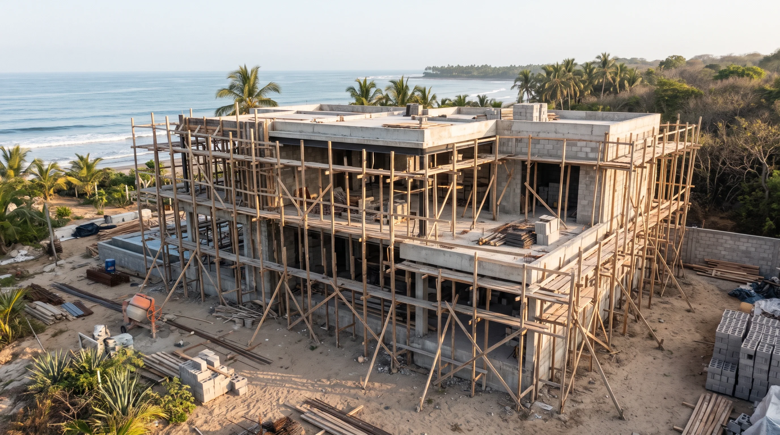 Vista aérea de una residencia de dos niveles en construcción en un entorno costero, con muros de bloque de concreto, estructura de acero y extensos andamios de bambú, representando la versatilidad constructiva, la resiliencia estructural y los estándares de calidad de RBA Residences en Zapopan.