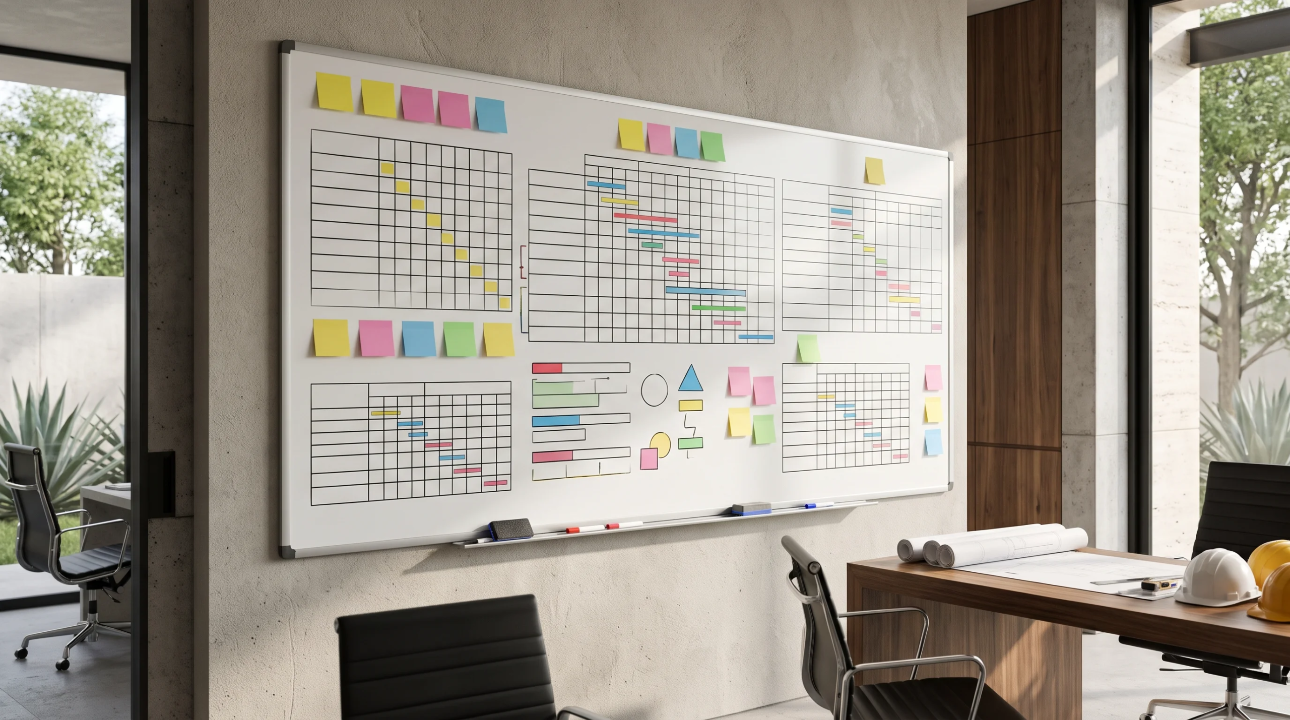 Vista de una oficina de planificación de proyectos arquitectónicos con un gran pizarrón mural lleno de diagramas de Gantt, cronogramas detallados y notas adhesivas de colores, representando la gestión ágil de proyectos y el flujo de trabajo dinámico de RBA Residences en Zapopan.