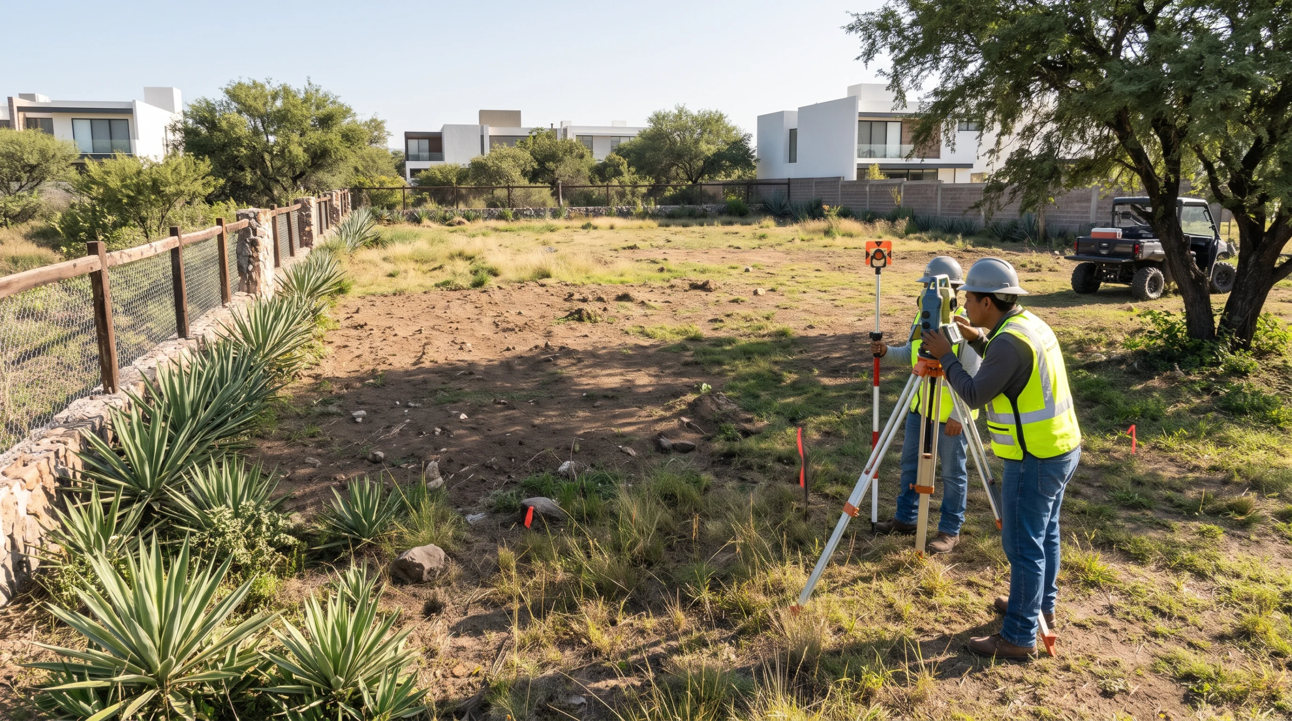 Vista de un terreno de construcción despejado y delimitado por un muro perimetral de piedra, con residencias modernas al fondo, representando el lienzo perfecto, la preparación del sitio y el potencial fundacional para el diseño a medida de RBA Residences en Zapopan.