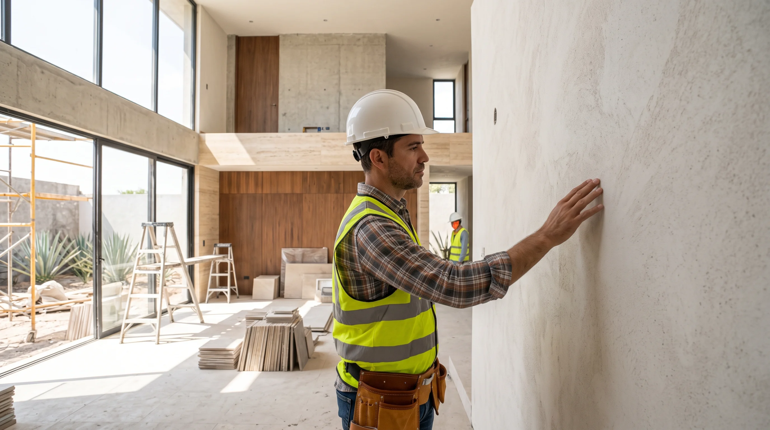 Vista de un inspector de obra revisando meticulosamente el acabado de yeso o estuco en una pared dentro de una residencia moderna de dos niveles en fase de acabados interiores, representando el control de calidad de los detalles, la artesanía de los acabados y la perfección táctil de RBA Residences en Zapopan.