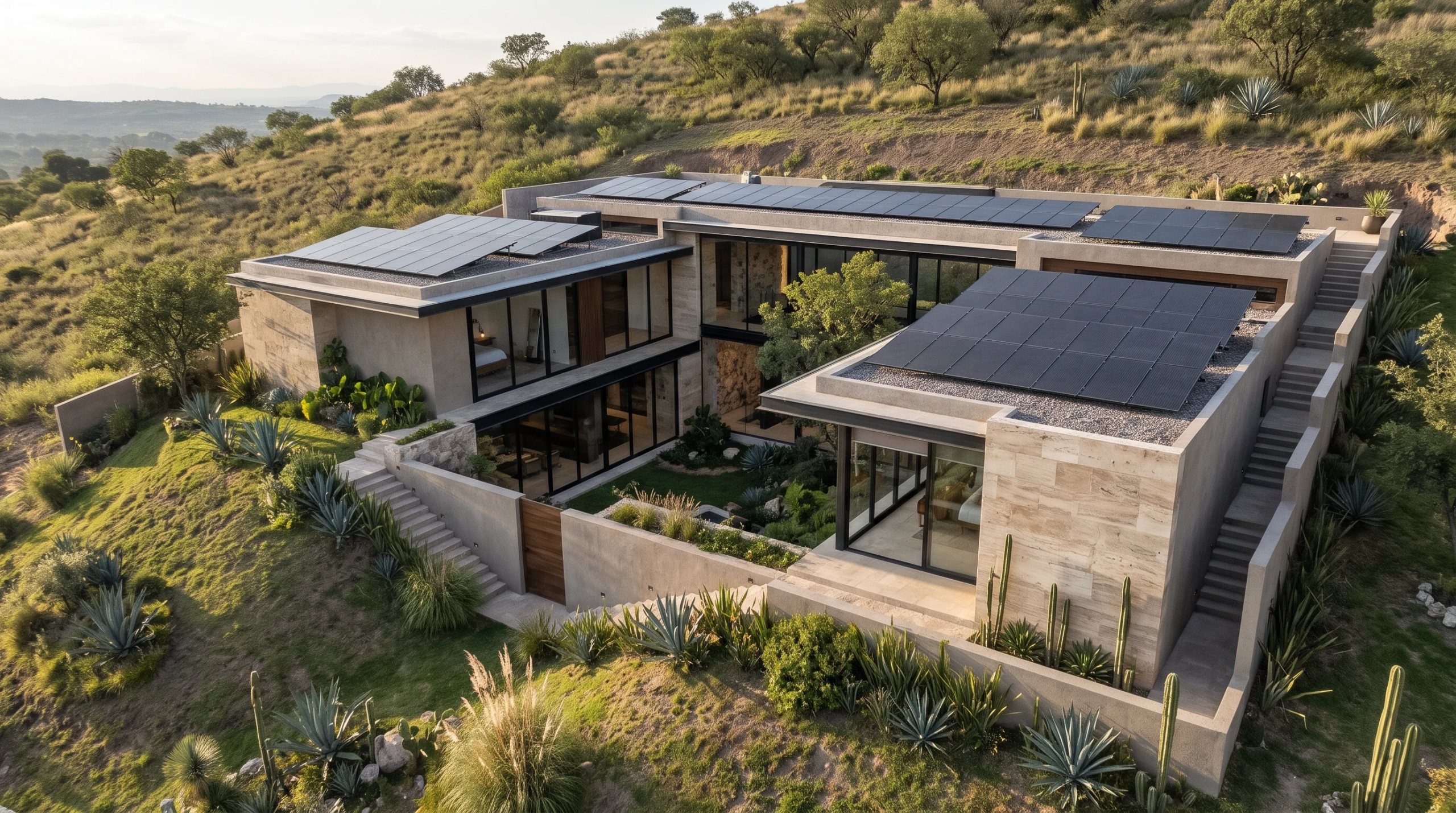 Vista aérea de una residencia de lujo contemporánea en una ladera, con paneles solares en techo plano, muros de mampostería de piedra y fachadas de vidrio integradas en la pendiente natural, representando la innovación sostenible y la armonía topográfica de RBA Residences en Zapopan.