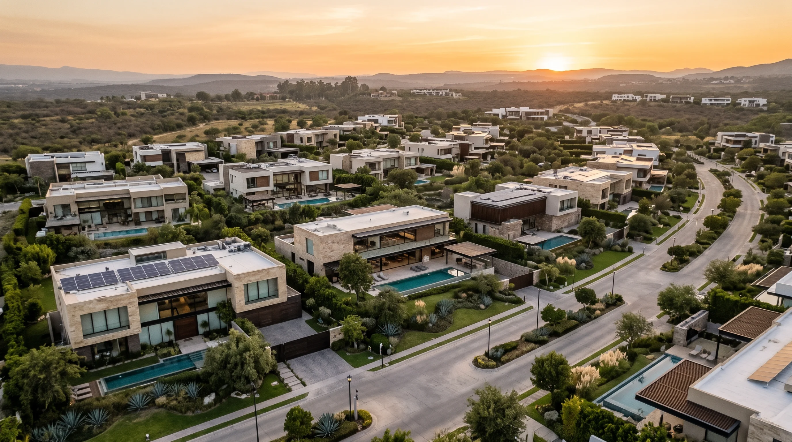 Vista aérea panorámica de una comunidad residencial de lujo con casas contemporáneas de varios niveles, albercas privadas, paneles solares en los techos y jardines paisajísticos, representando la visión de comunidad sostenible y el diseño macro-escala de RBA Residences en Zapopan.