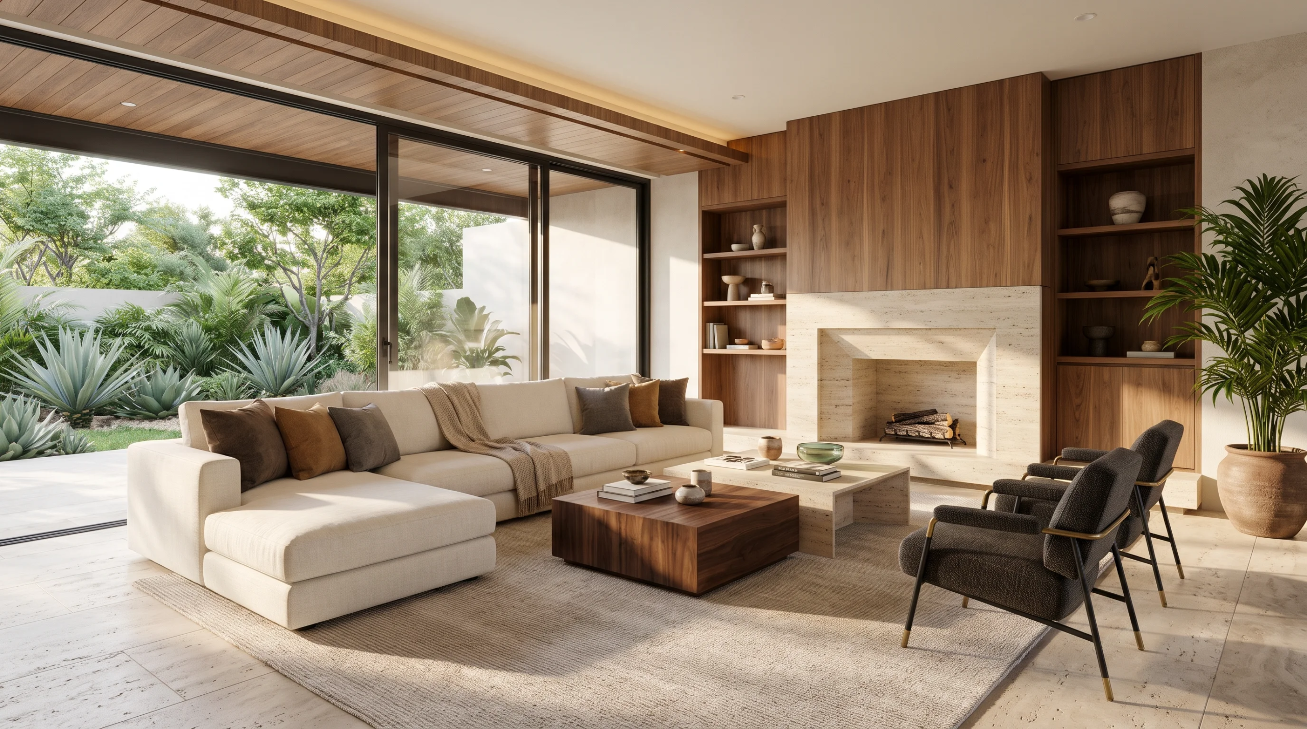 Vista de una sala de estar moderna de planta abierta con chimenea de piedra caliza, paneles de madera cálida con estanterías integradas, mesas de centro de perfil bajo y un sofá seccional acolchado, representando la armonía espacial y el confort curado del corazón del hogar de RBA Residences en Zapopan.