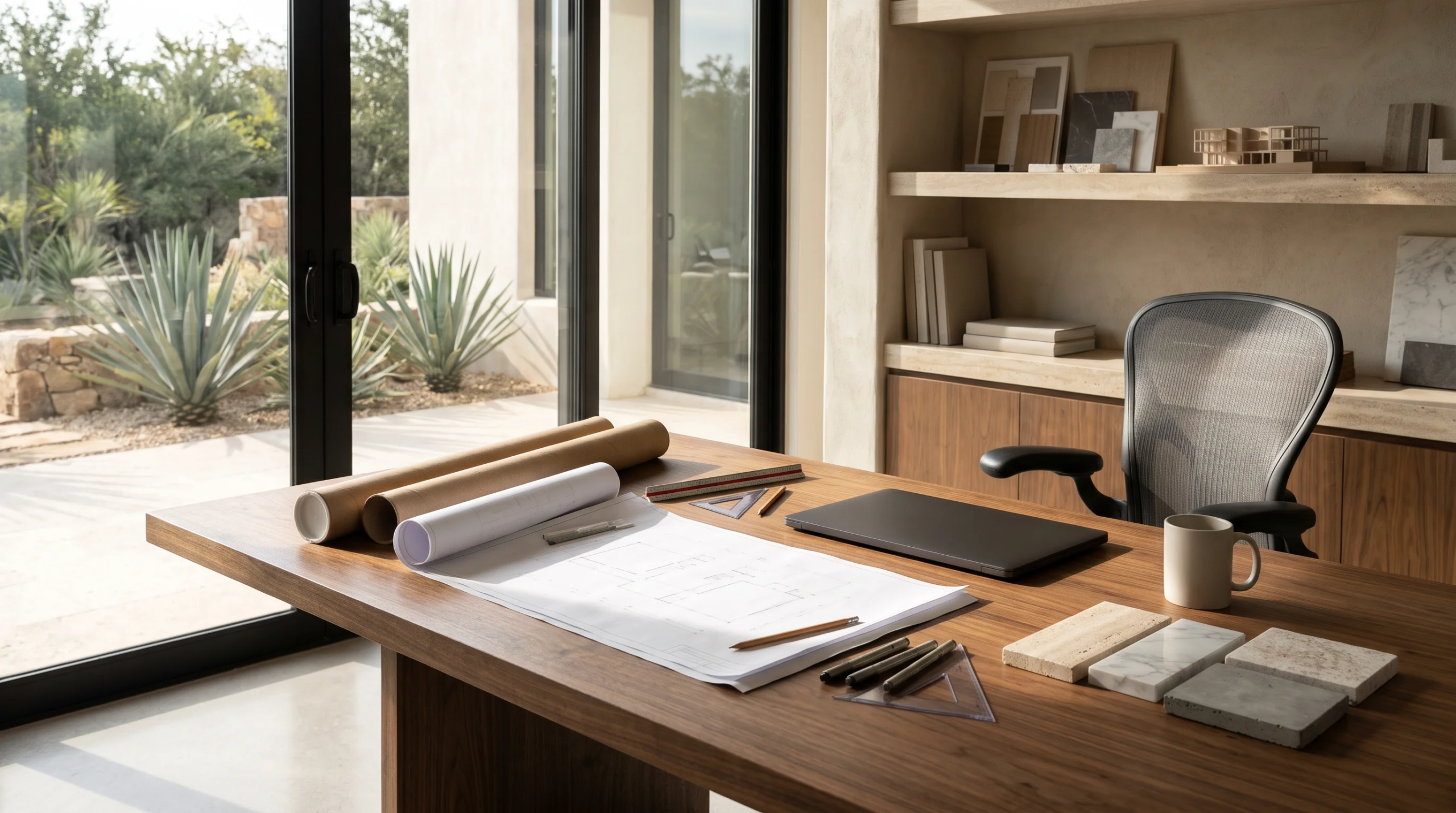 Vista de un escritorio de oficina arquitectónica con planos abiertos, herramientas de dibujo, muestras de piedra, una laptop y tubos de planos enrollados, representando el centro de mando del arquitecto y la fusión de visión digital con artesanía tangible de RBA Residences en Zapopan.