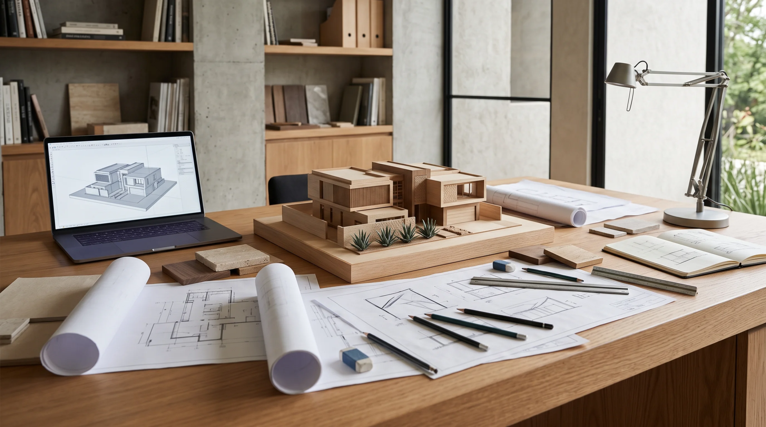 Vista de un espacio de trabajo en estudio de diseño arquitectónico con un modelo 3D en una laptop junto a una maqueta detallada de madera de una residencia, planos enrollados, dibujos a mano, lápices, borradores, escalímetros, muestras de acabados y un cuaderno abierto, representando la síntesis de diseño integral y la preparación exhaustiva de RBA Residences en Zapopan.
