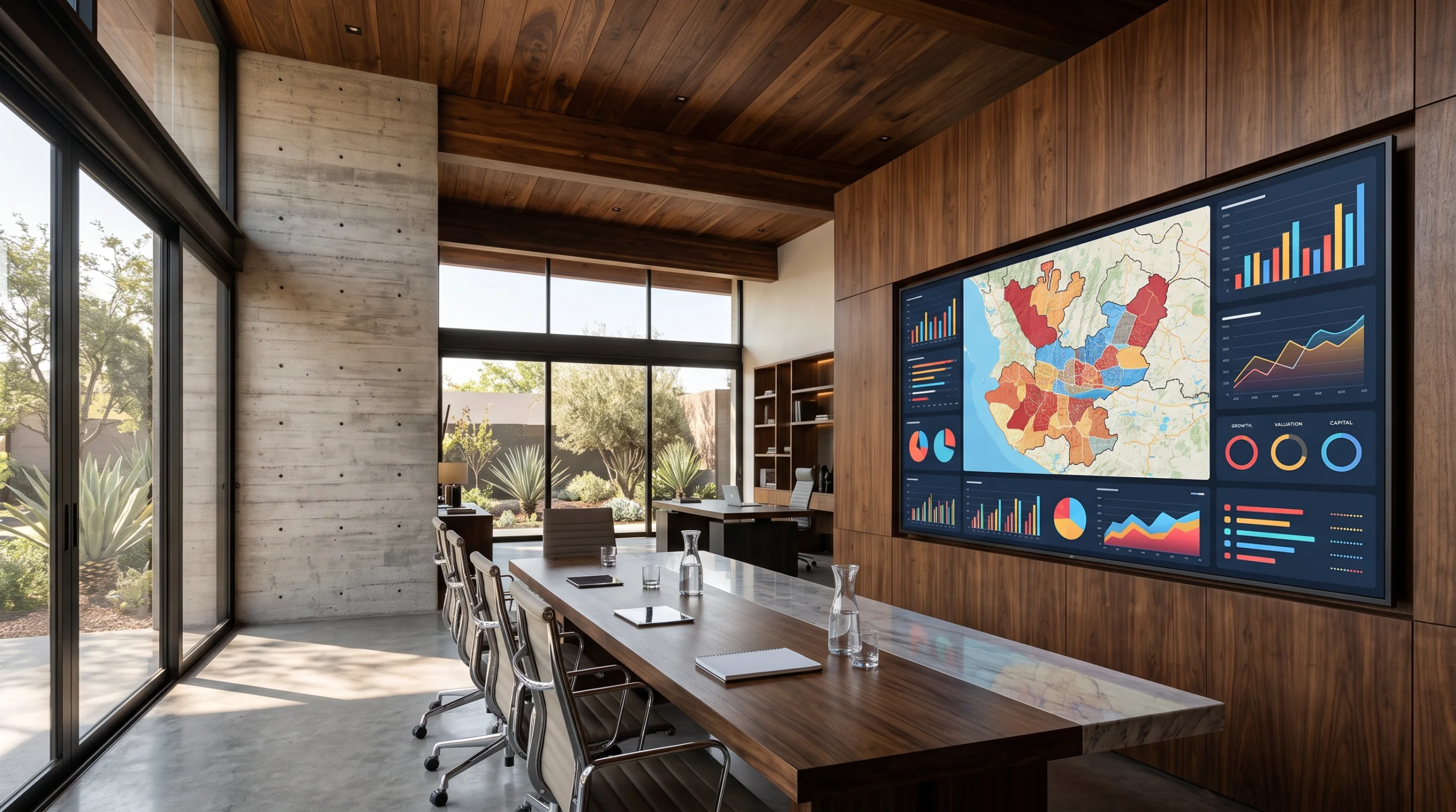 Vista de una sala de presentación arquitectónica moderna con una pantalla digital mostrando mapeo geográfico y análisis de proyectos, rodeada de paneles de nogal, muros de concreto encofrado, techos de madera y ventanales con vista a un patio, representando la inteligencia contextual y la toma de decisiones inmersiva de RBA Residences en Zapopan.