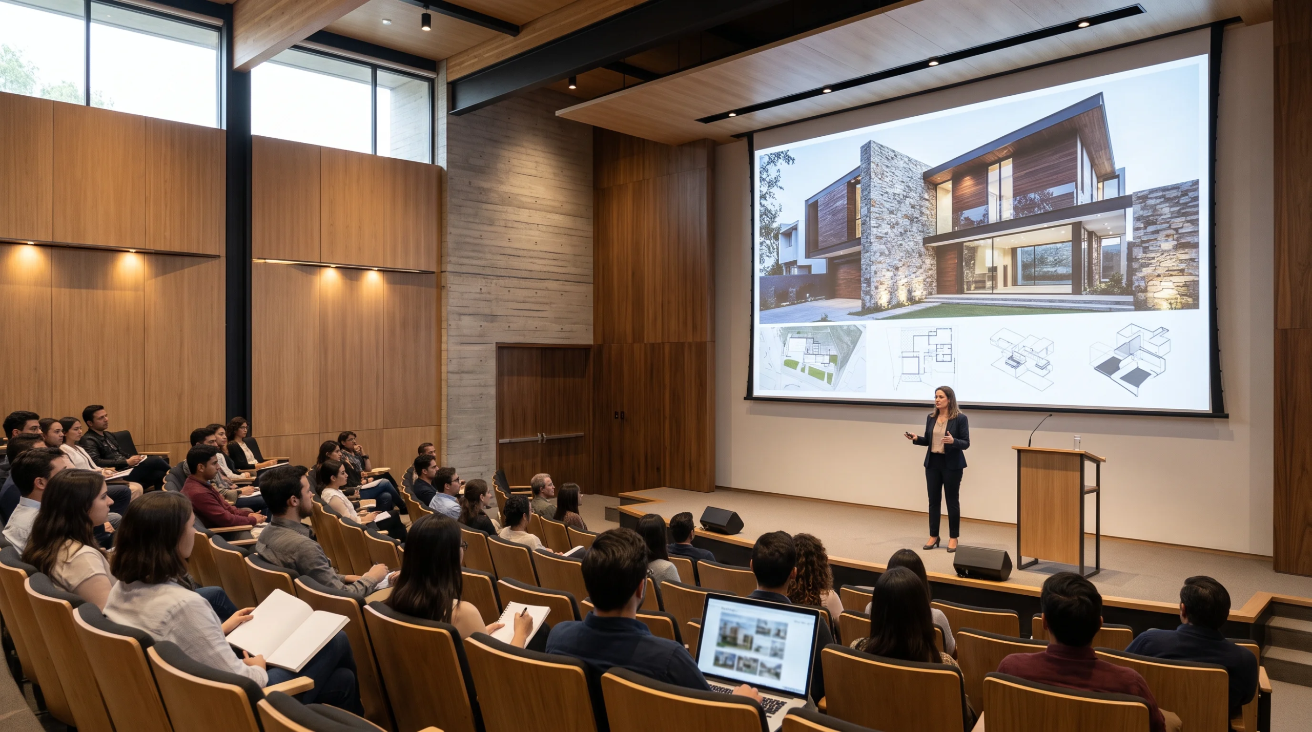 Vista de una sala de presentaciones arquitectónicas en un auditorio contemporáneo, con un ponente liderando un estudio de caso frente a una pantalla grande con renders exteriores, planos de sitio y diagramas estructurales axonométricos, rodeado de concreto encofrado, paneles de madera, iluminación lineal y asientos escalonados, representando el liderazgo de pensamiento y la autoridad educativa de RBA Residences en Zapopan.