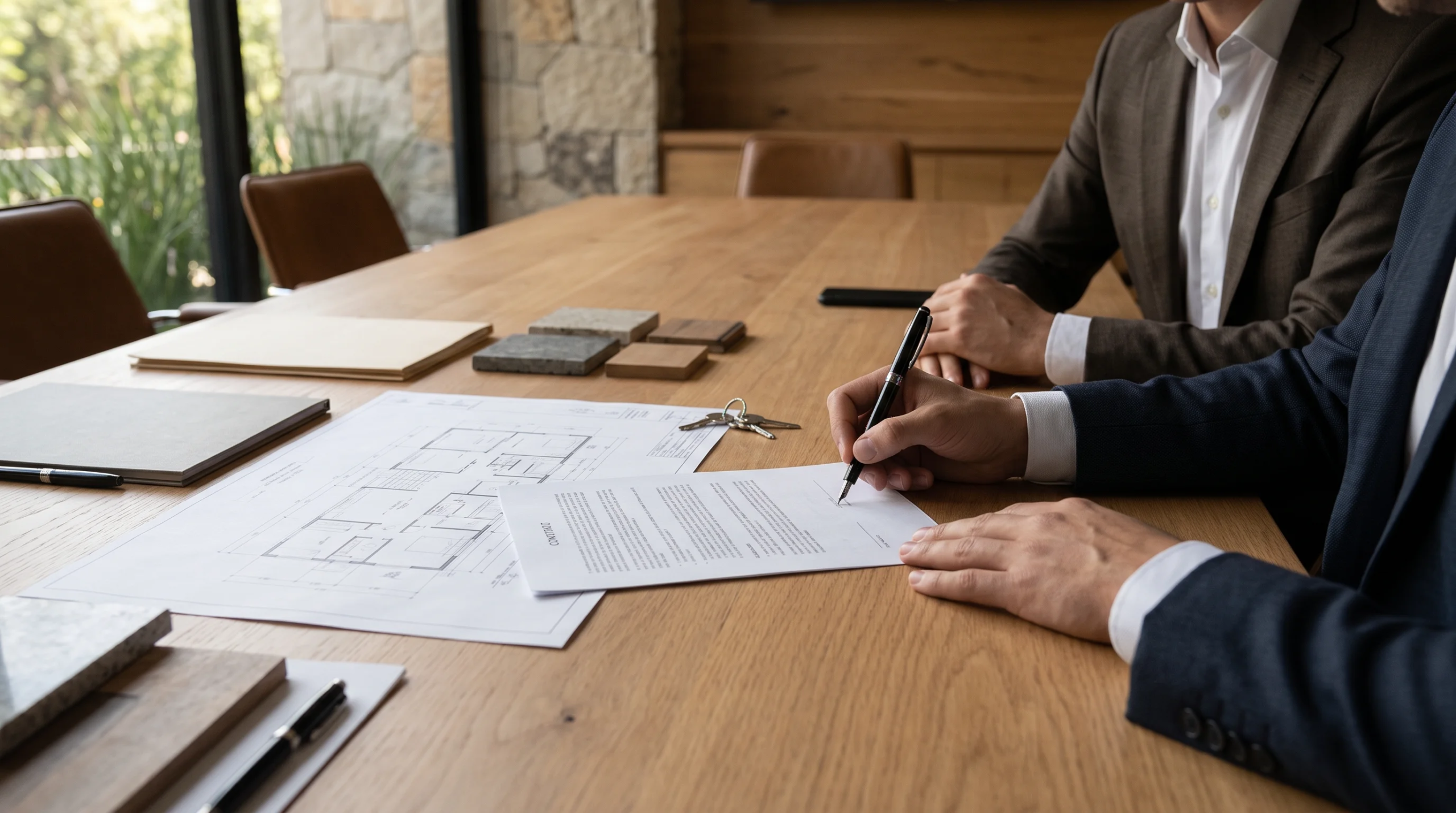 Vista de un cierre inmobiliario profesional con un cliente firmando un contrato residencial sobre una mesa de conferencias de madera, rodeado de planos de planta, llaves de la propiedad, muestras de materiales y documentación del proyecto, representando la culminación exitosa y la entrega impecable de RBA Residences en Zapopan.