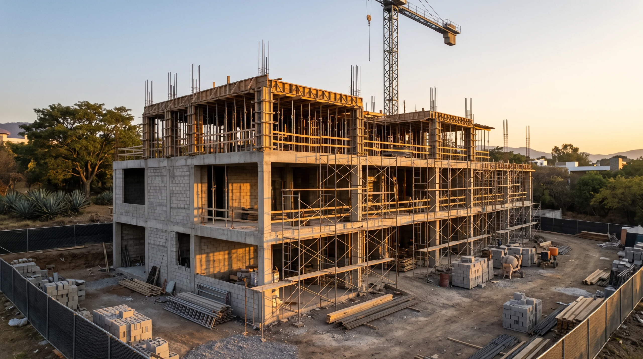 Vista de un proyecto de desarrollo residencial de varios niveles en construcción activa, con estructura de concreto reforzado, muros de relleno de block, encofrado de madera en niveles superiores con extensiones de varilla, andamios exteriores y una grúa torre al fondo, representando la capacidad a gran escala y la maestría en ingeniería de RBA Residences en Zapopan.