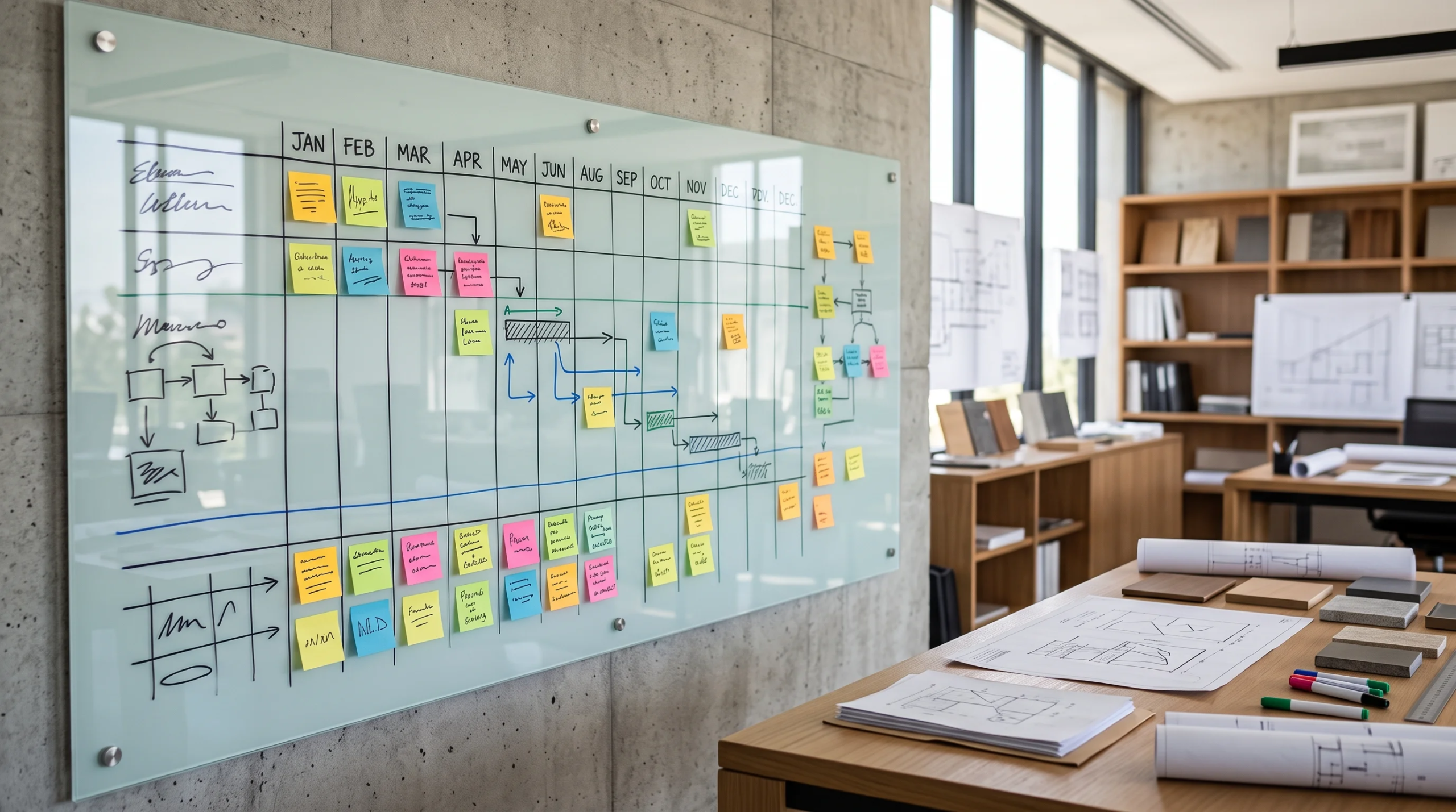 Vista de una pared de gestión en estudio arquitectónico con un gran tablero de vidrio de planificación con un cronograma mensual de proyecto residencial, notas adhesivas codificadas por color y diagramas de flujo, sobre una mesa con planos y muestras de acabados, representando la orquestación visual ágil y el seguimiento transparente de hitos de RBA Residences en Zapopan.