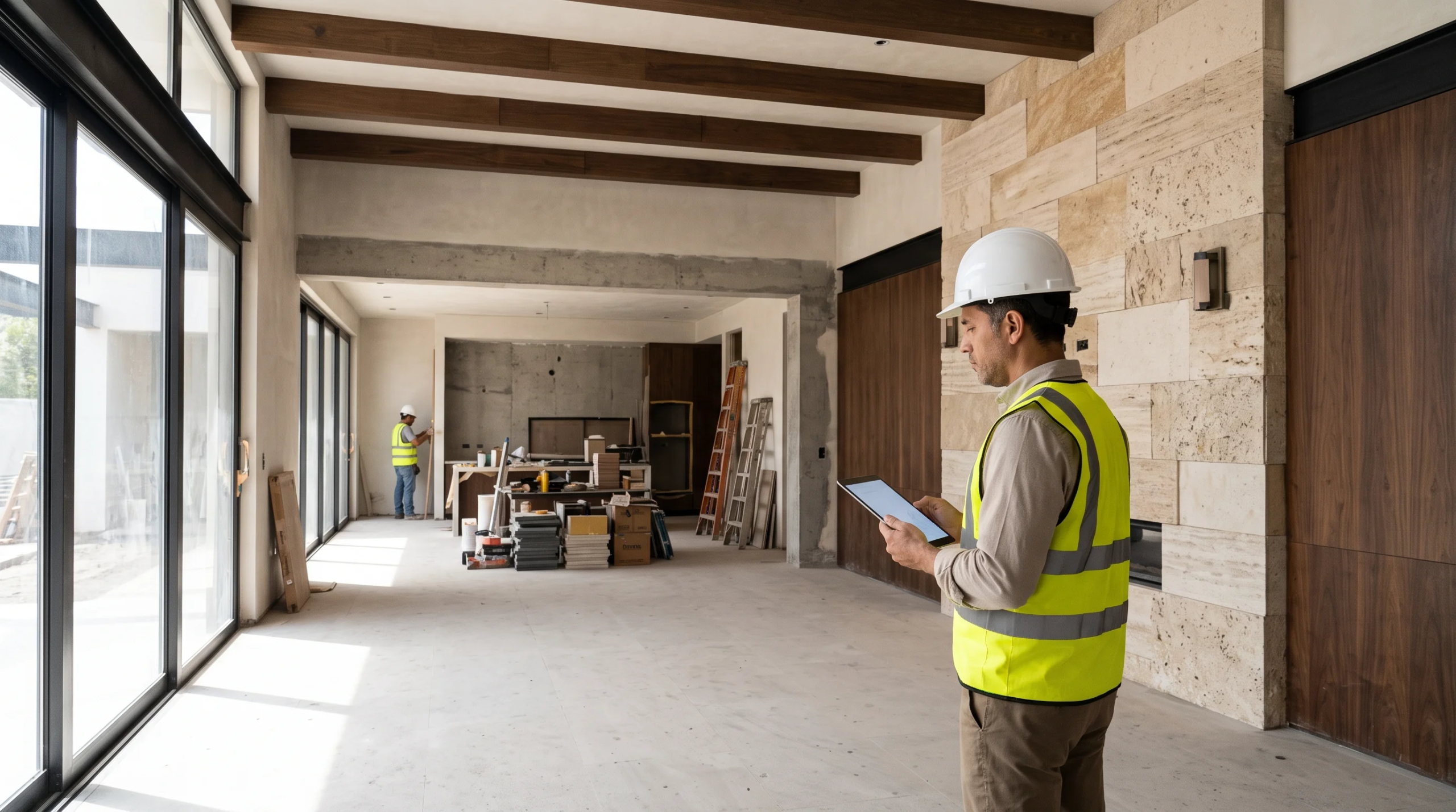 Vista de una inspección interior en un sitio de construcción residencial de lujo, mostrando vigas de madera expuestas en el techo, revestimiento de paredes de travertino, grandes puertas corredizas de vidrio con marco negro y gerentes de obra revisando planos, representando la validación de acabados premium y el control de calidad de materiales nobles de RBA Residences en Zapopan.